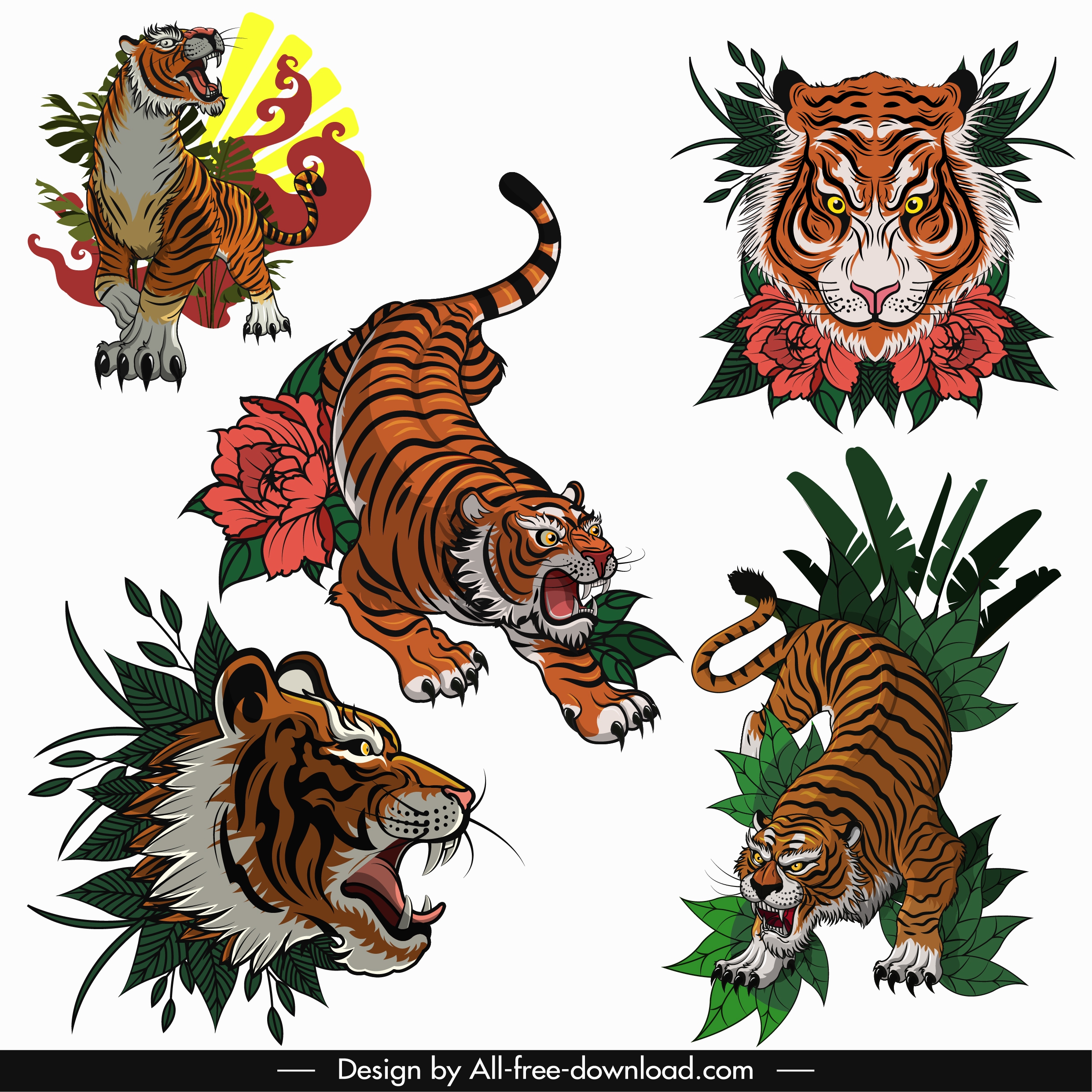 tigers icons colored classical sketch