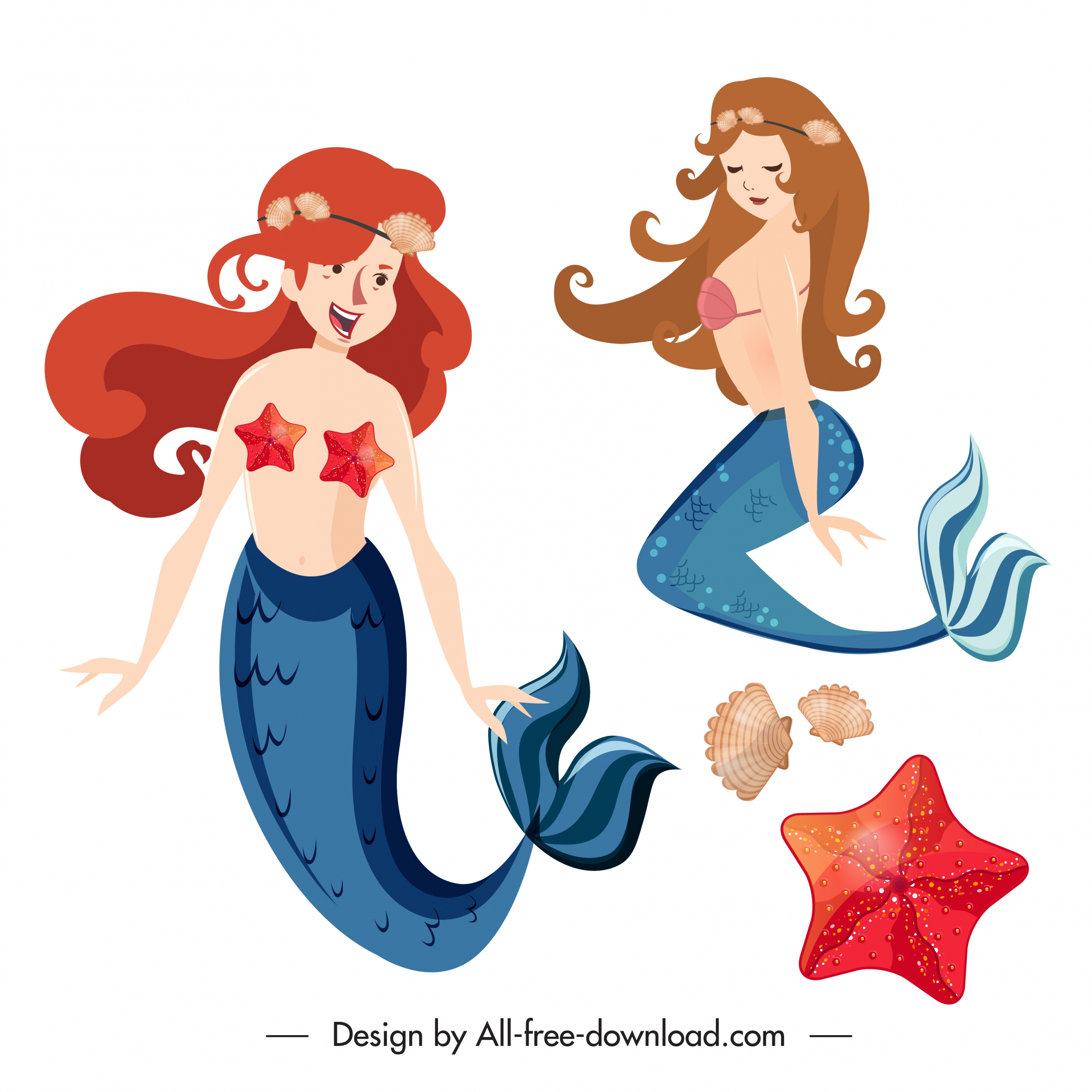 mermaid icons cute girls colored cartoon characters sketch