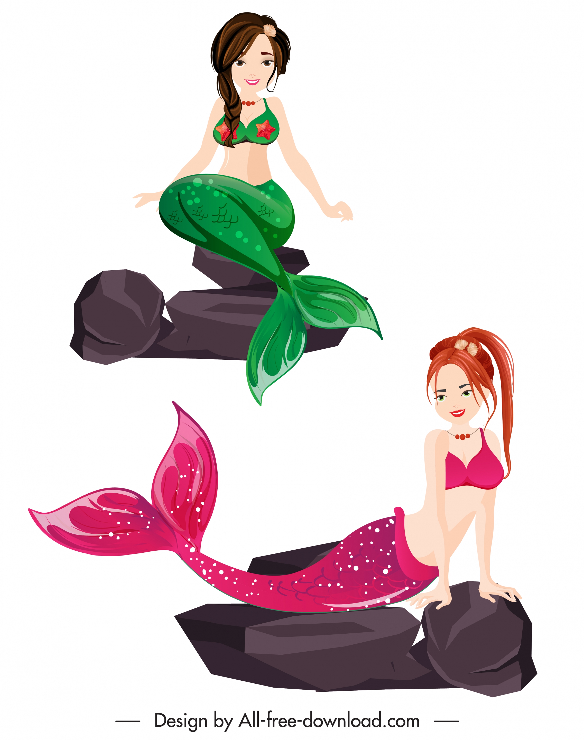 mermaid icons colored young girls cartoon sketch