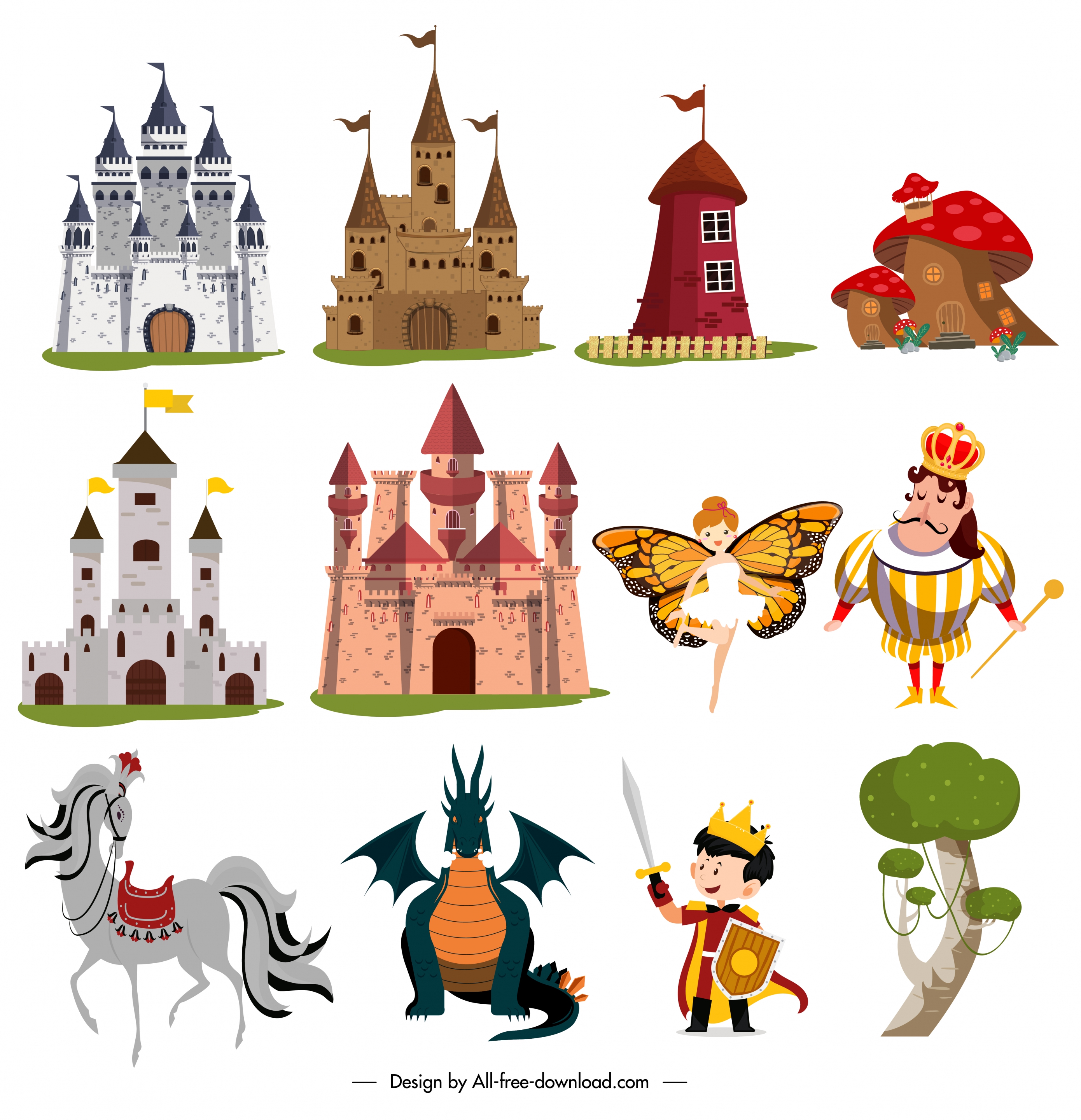 fairy tale design elements colored cartoon sketch