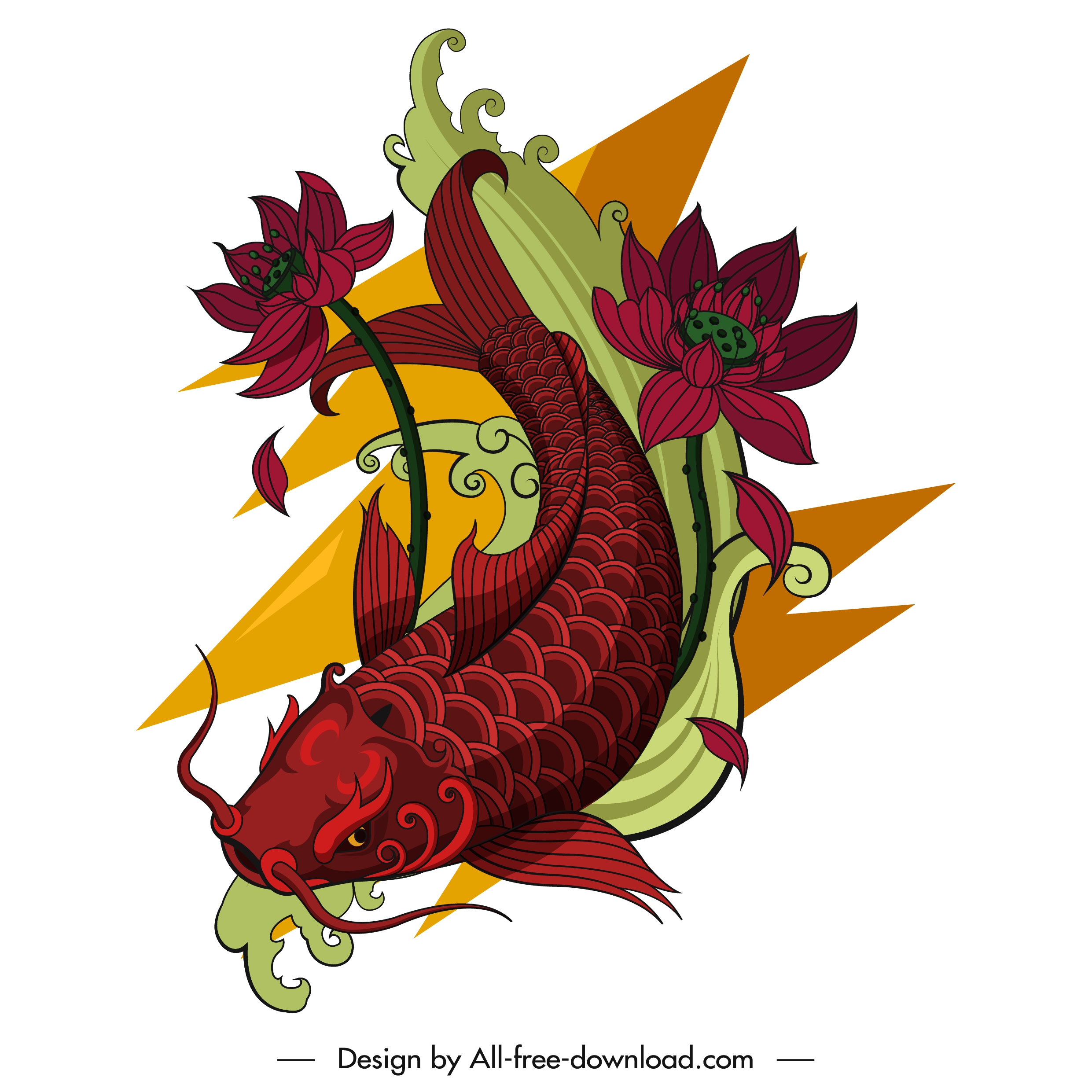 carp icon lotus decor colored tattoo sketch