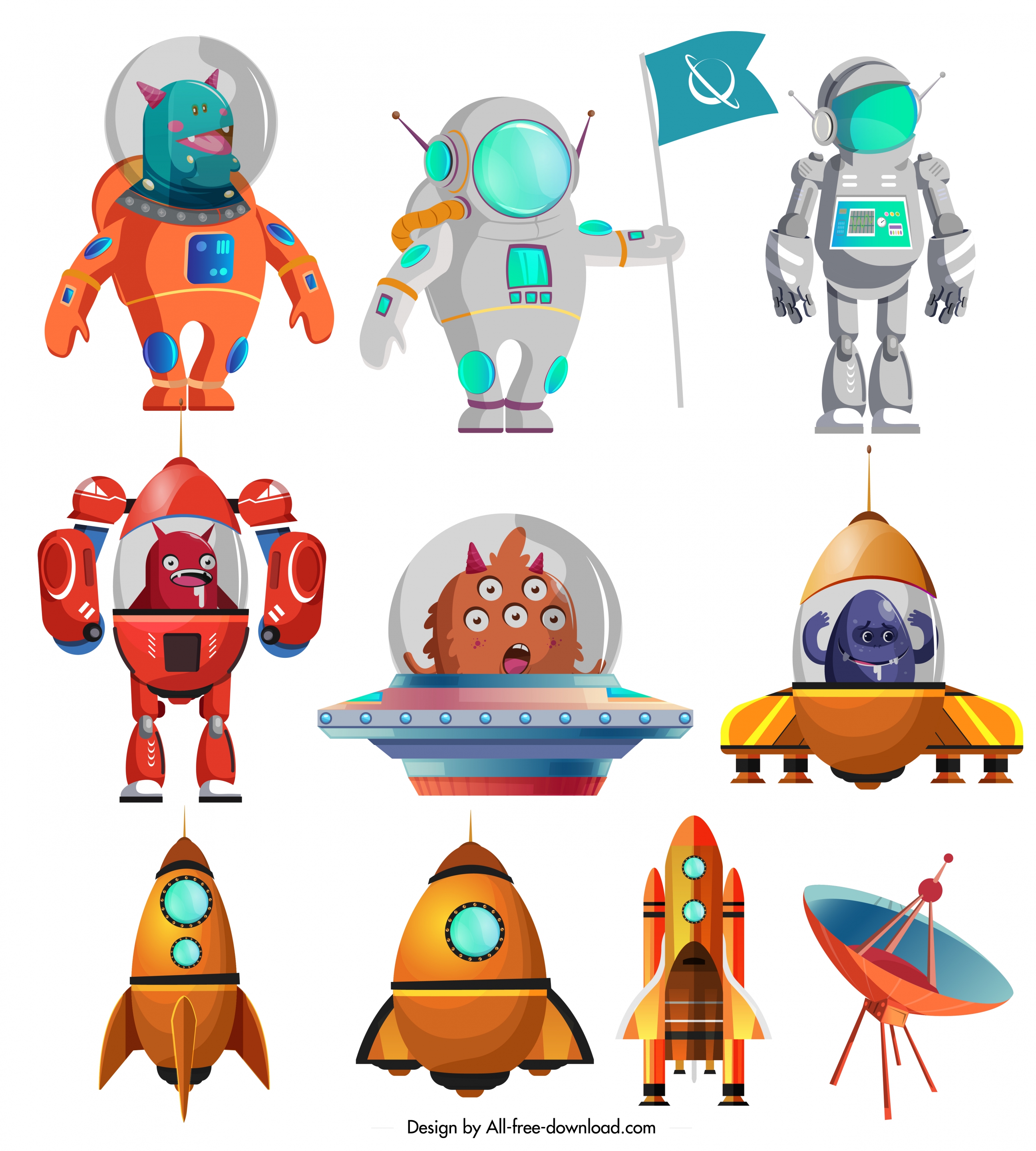 space design elements colored cartoon sketch