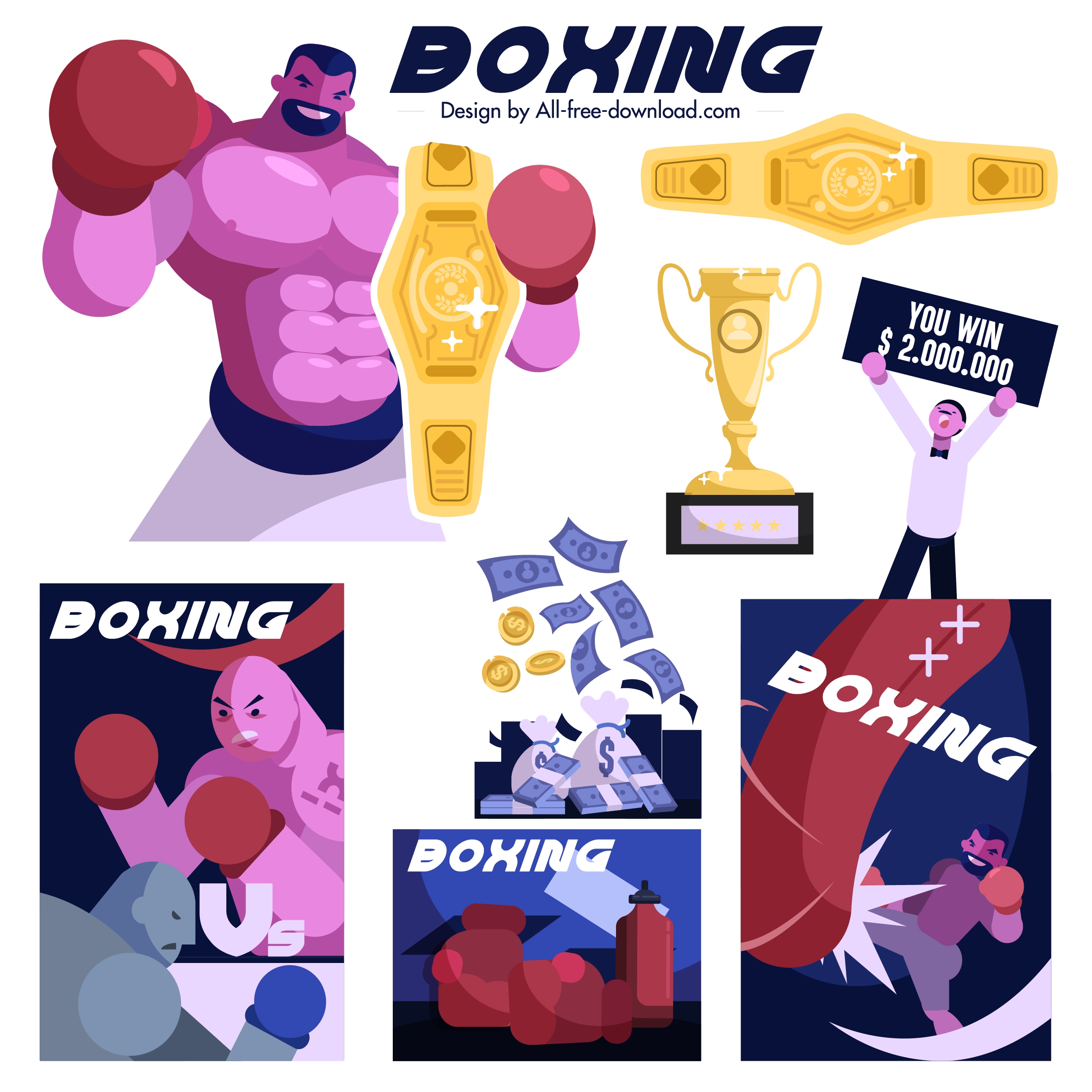 boxing design elements boxers cup money icons sketch