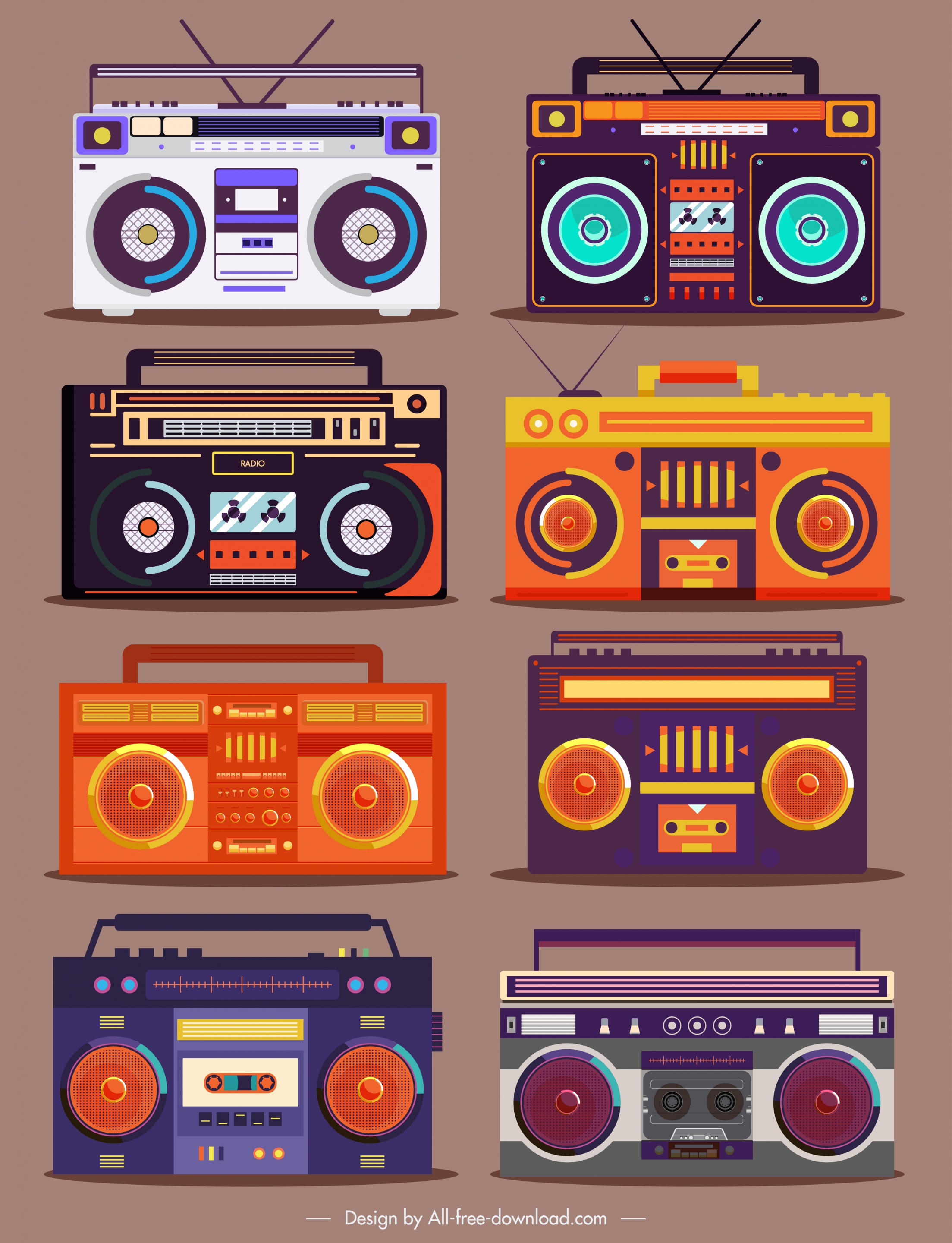 radio icons colorful vintage sketch