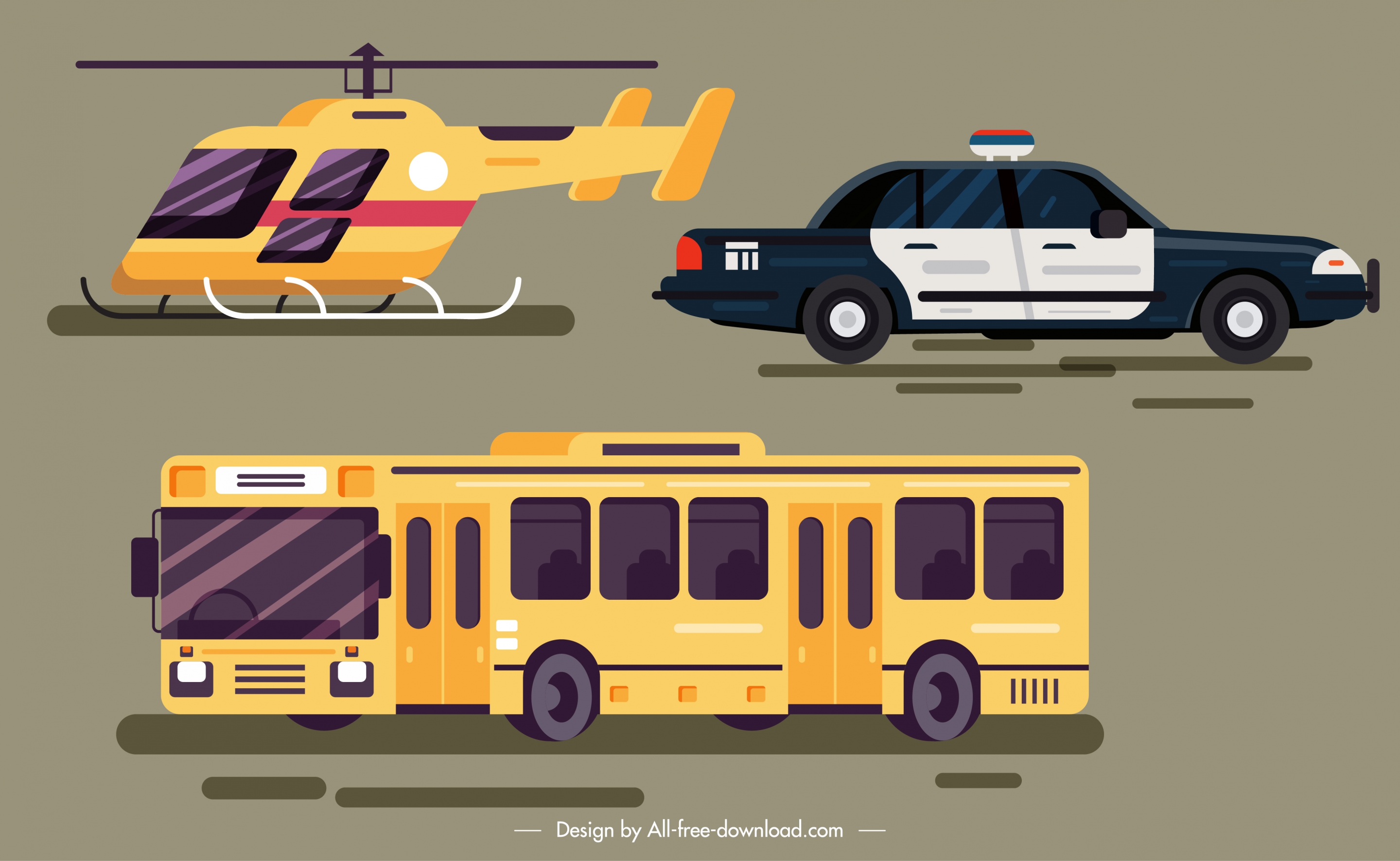 helicopter car bus vehicles icons colored modern sketch