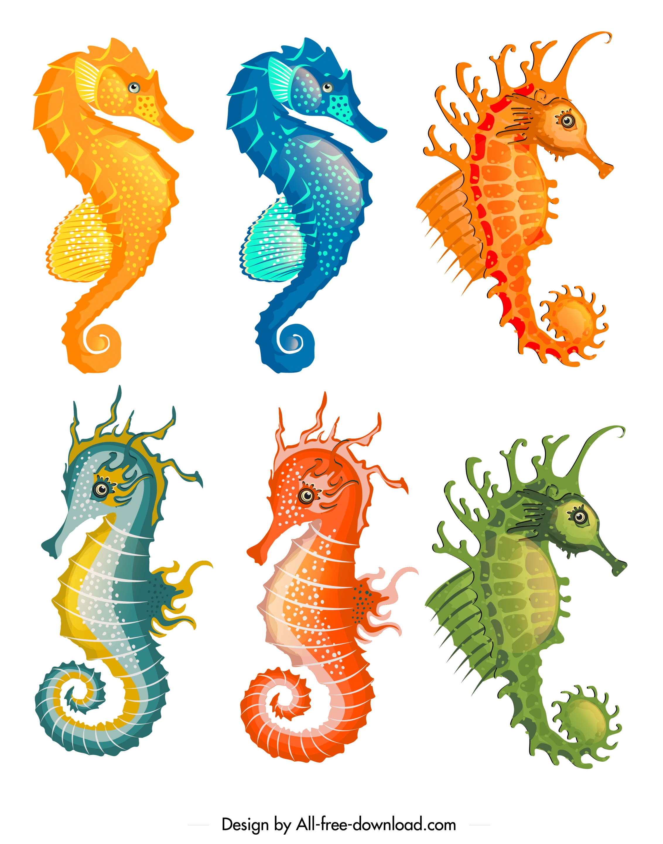 seahorse icons collection colorful cartoon sketch