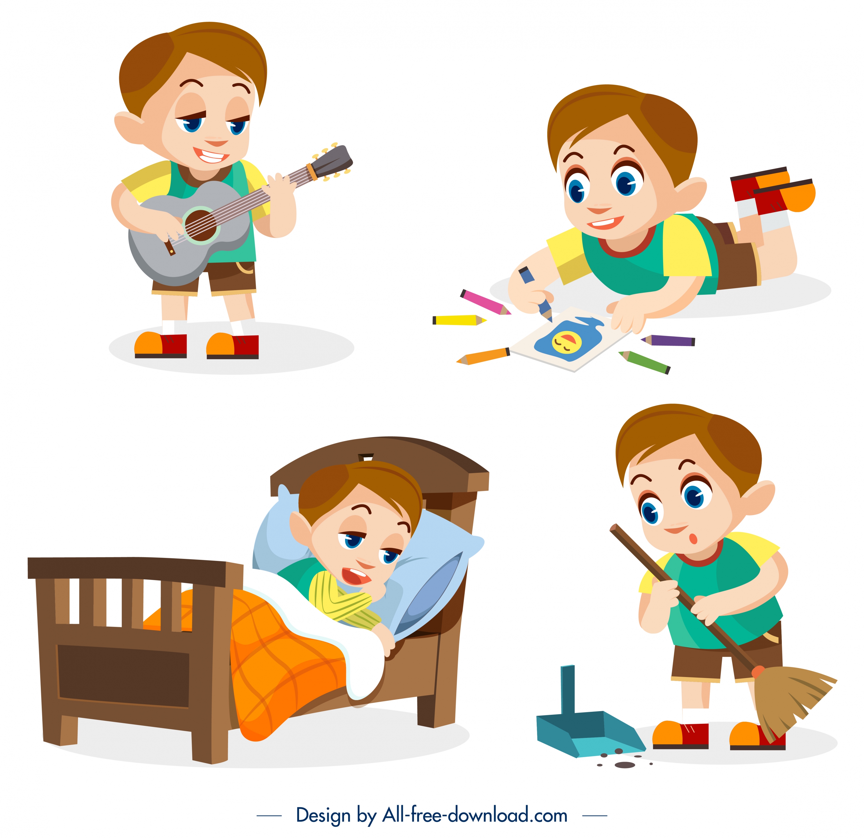 childhood design elements daily activities boy icons design