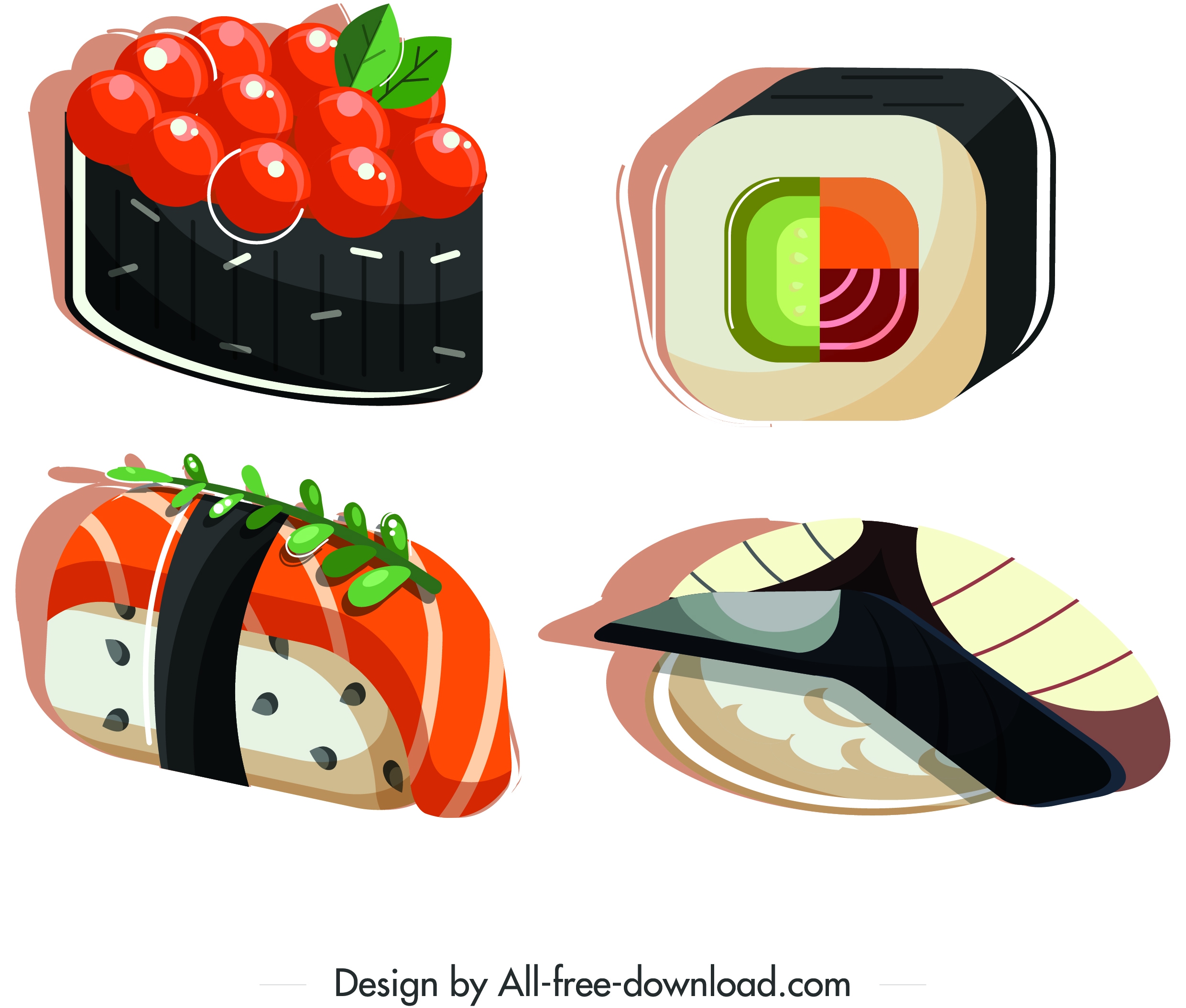 sushi cuisines icons colorful 3d sketch