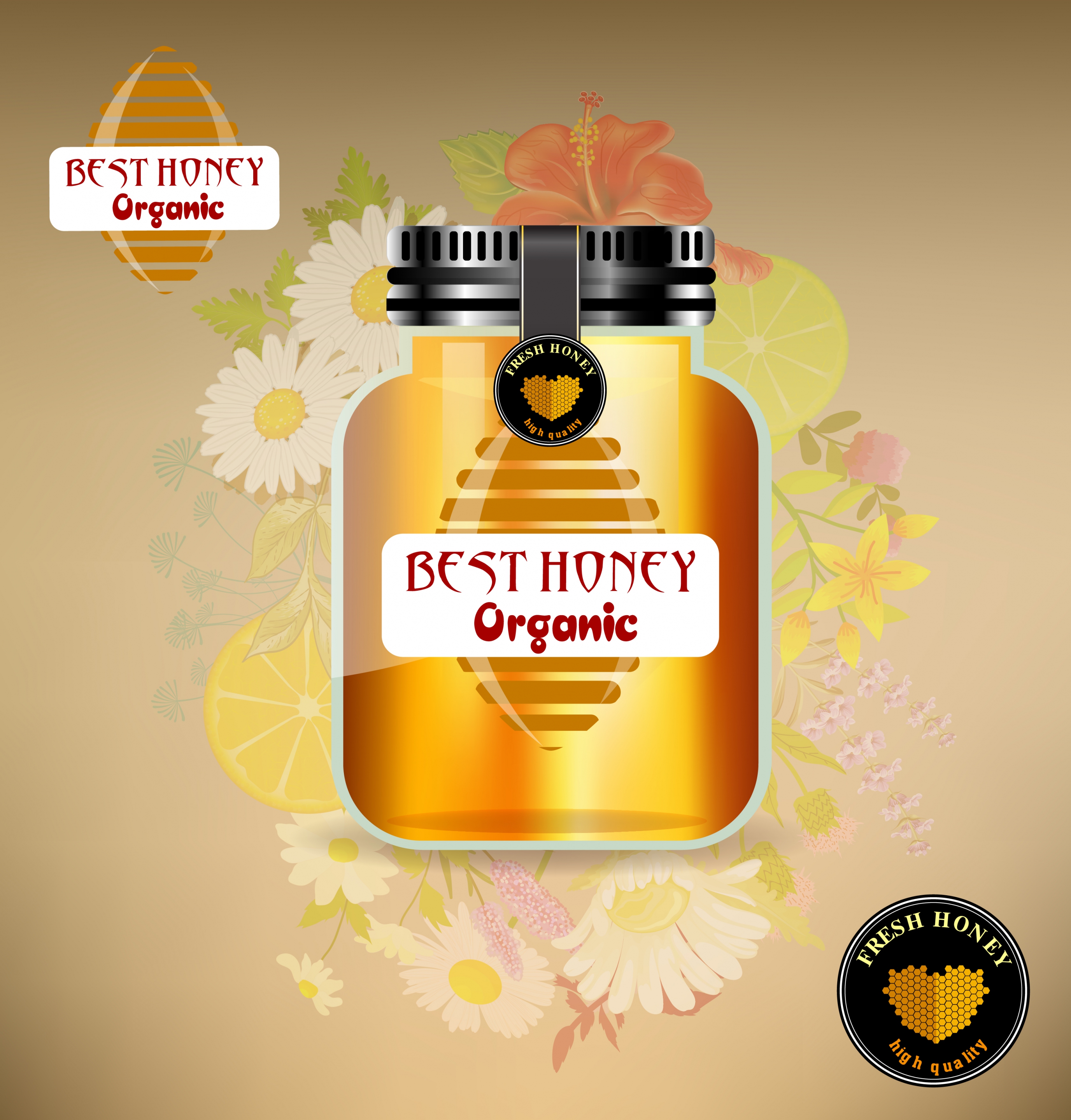 organic honey advertisement shiny yellow jar flowers icons