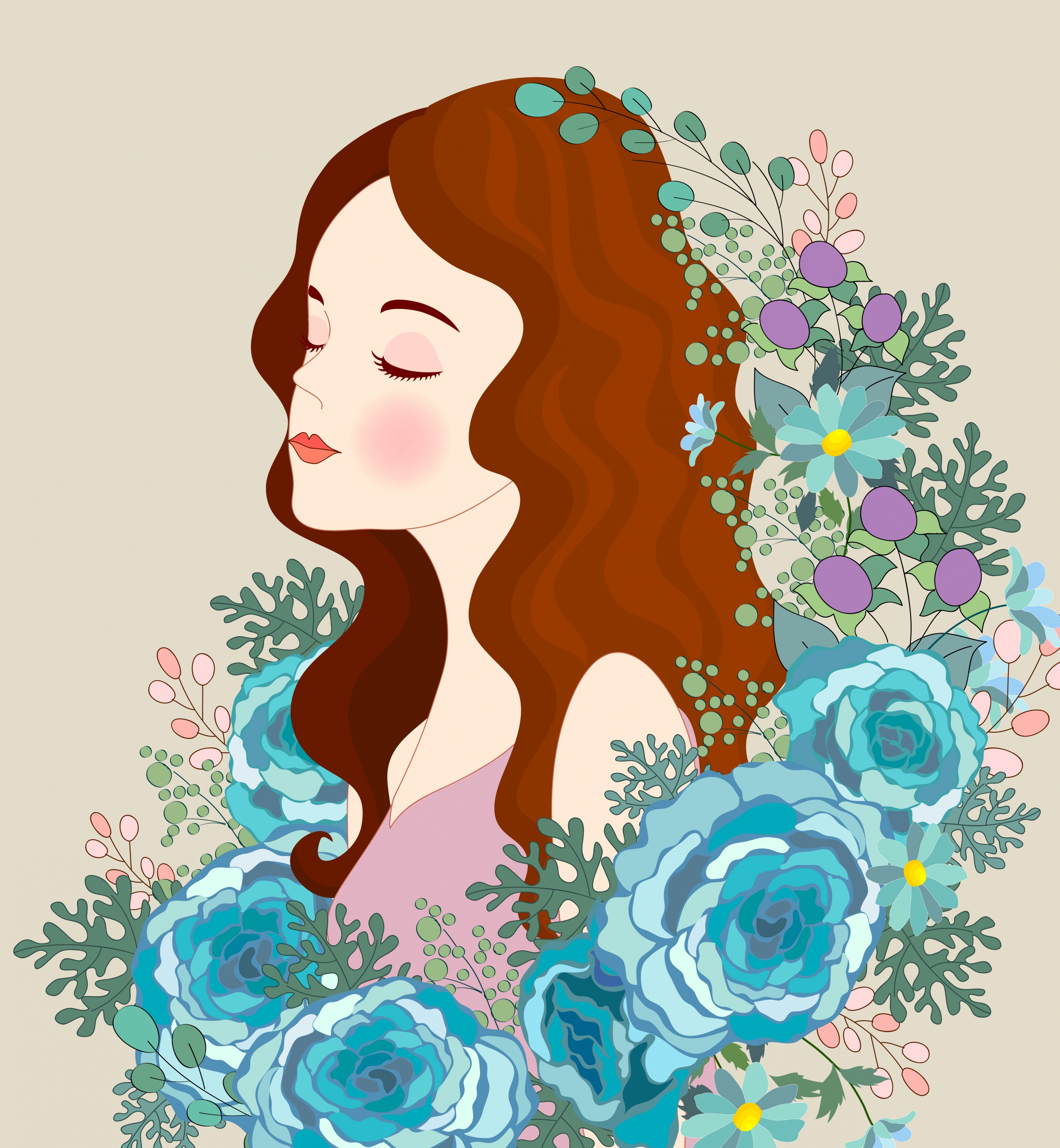 beautiful lady painting roses icons decor cartoon character