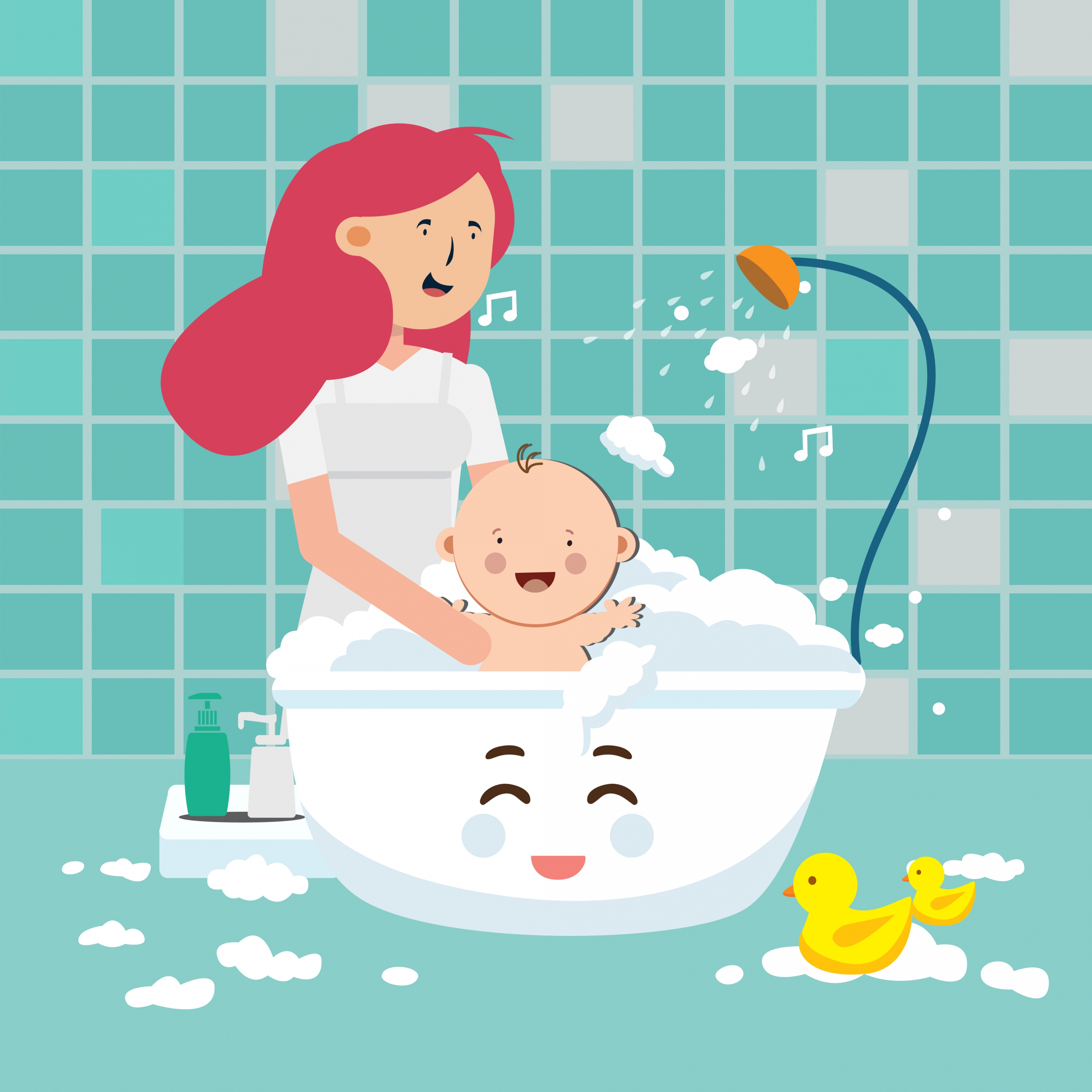 childhood background mother kid bath icons cartoon character