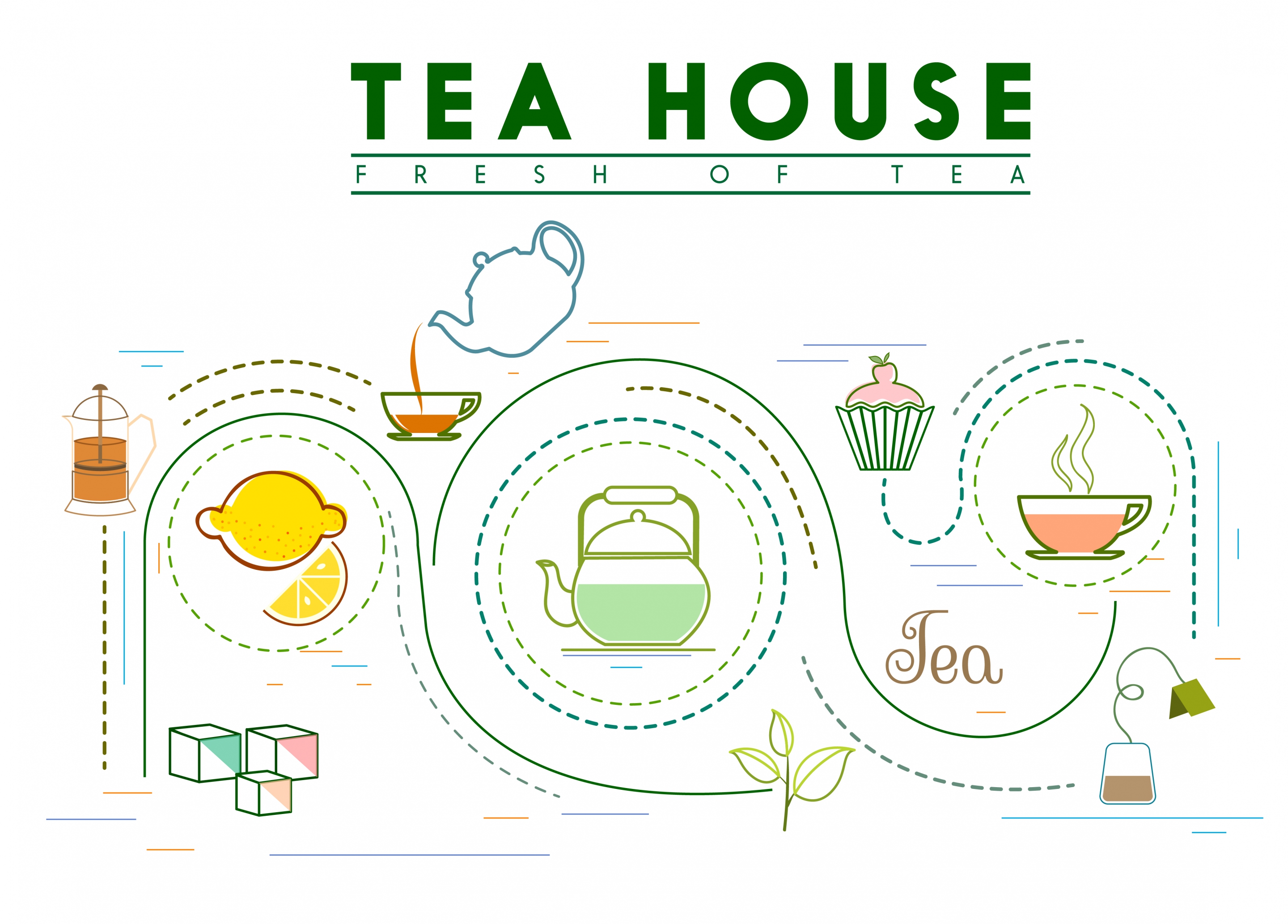 tea processing banner curves decor cup pot icons