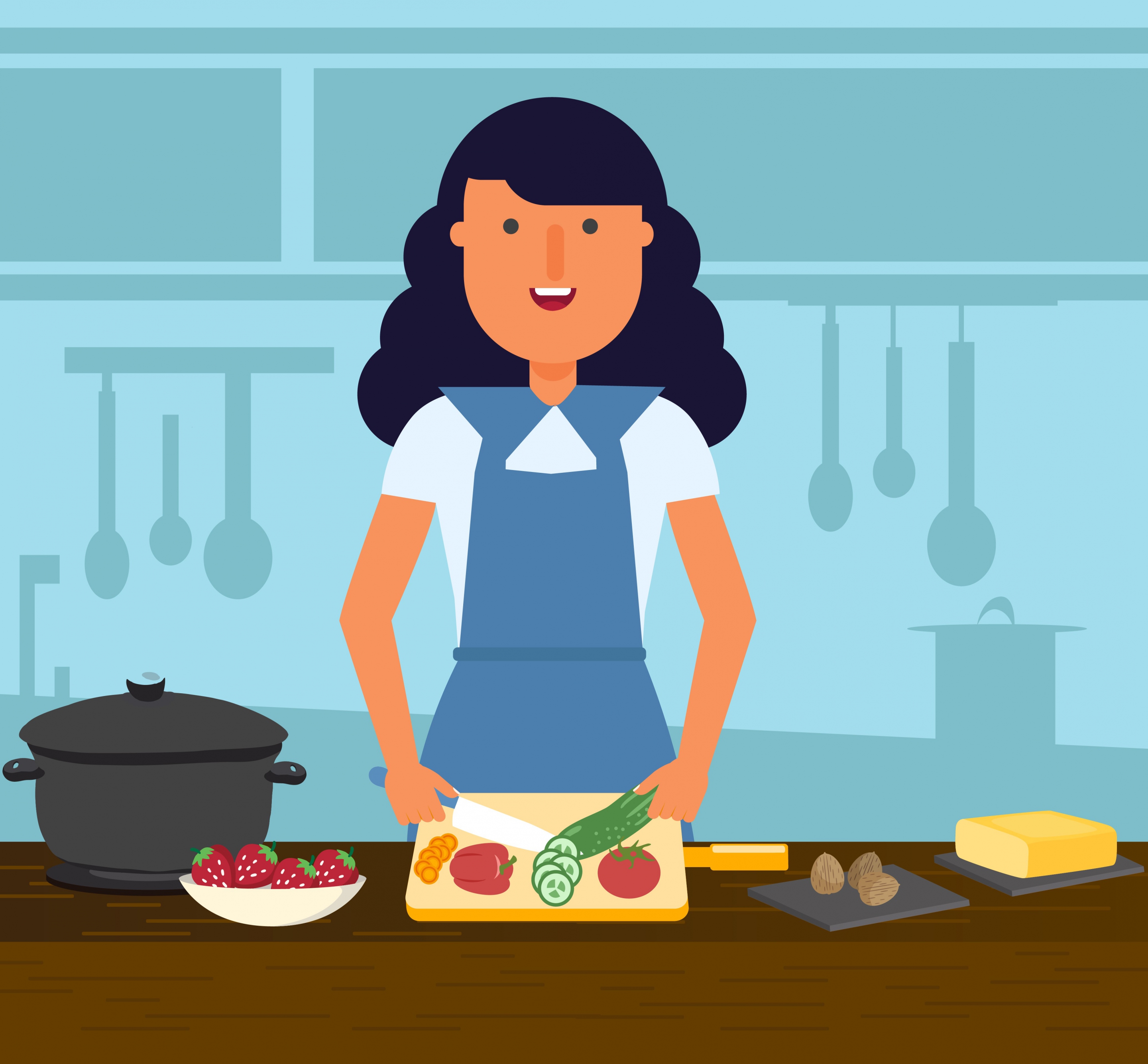 housewife background woman cooking work icons cartoon design