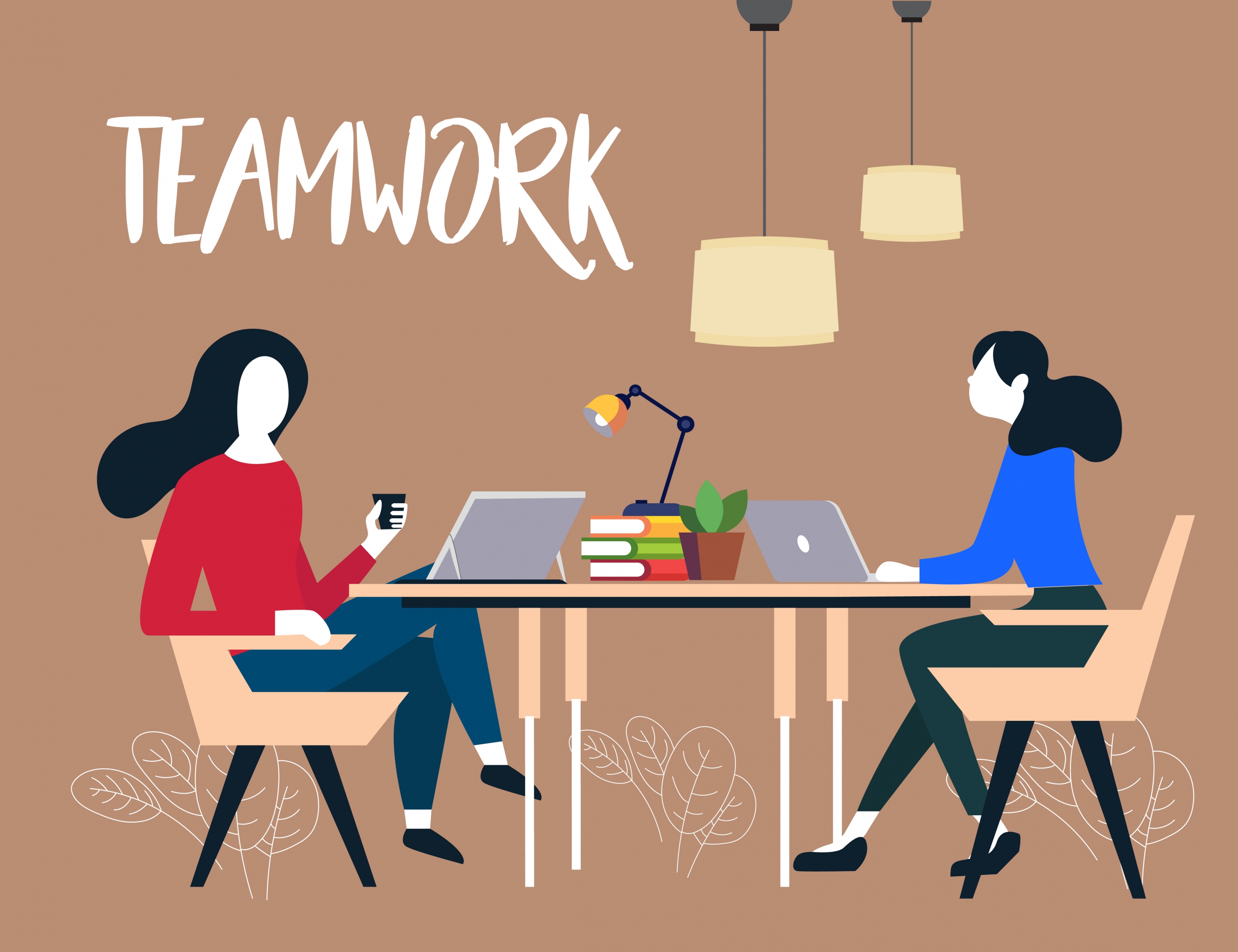 team work background working women icons colored cartoon