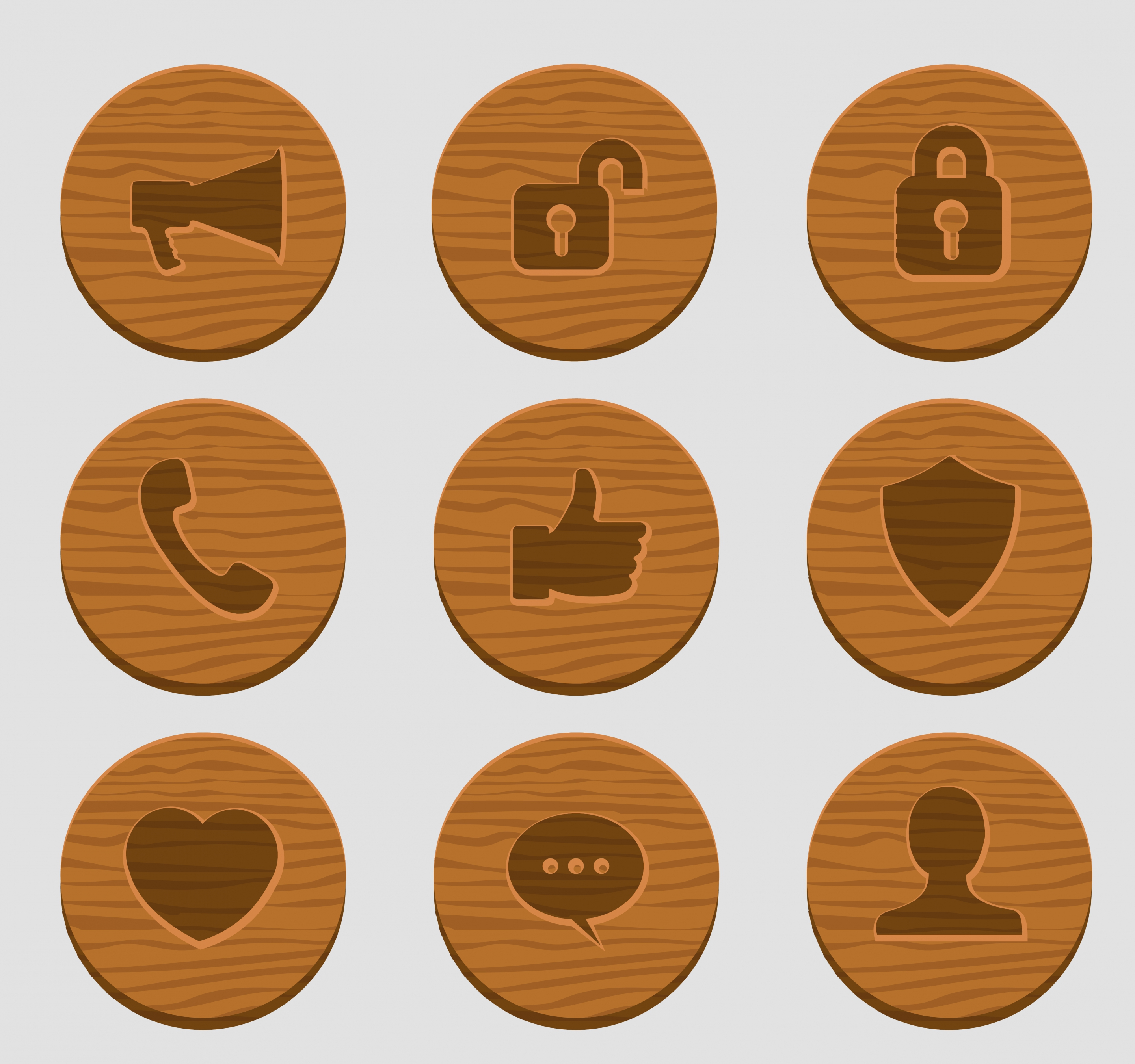 user interface icons flat wooden decor circles isolation