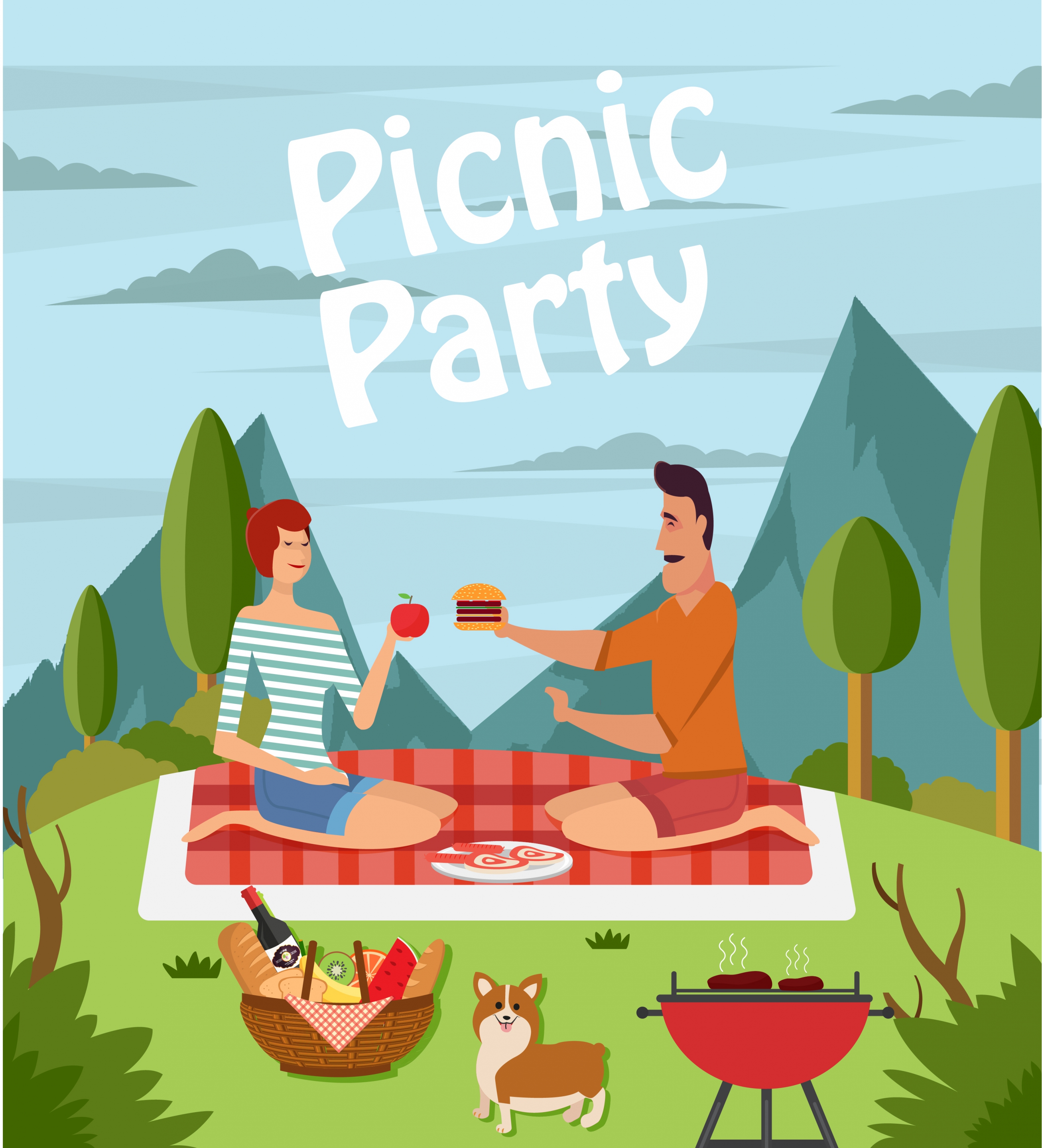 picnic party drawing couple icon colored cartoon design