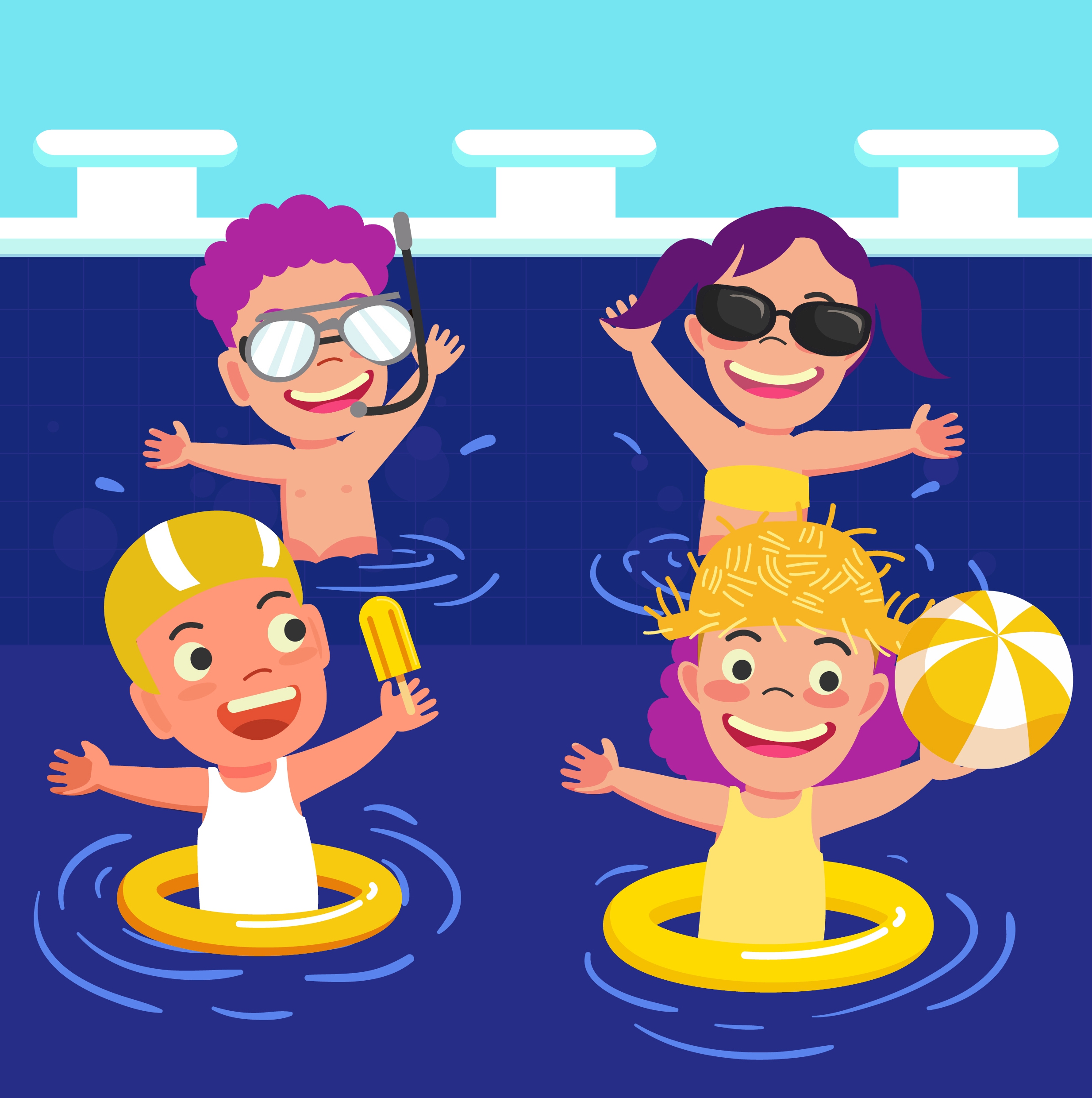 summer time background joyful kids swimming pool icons