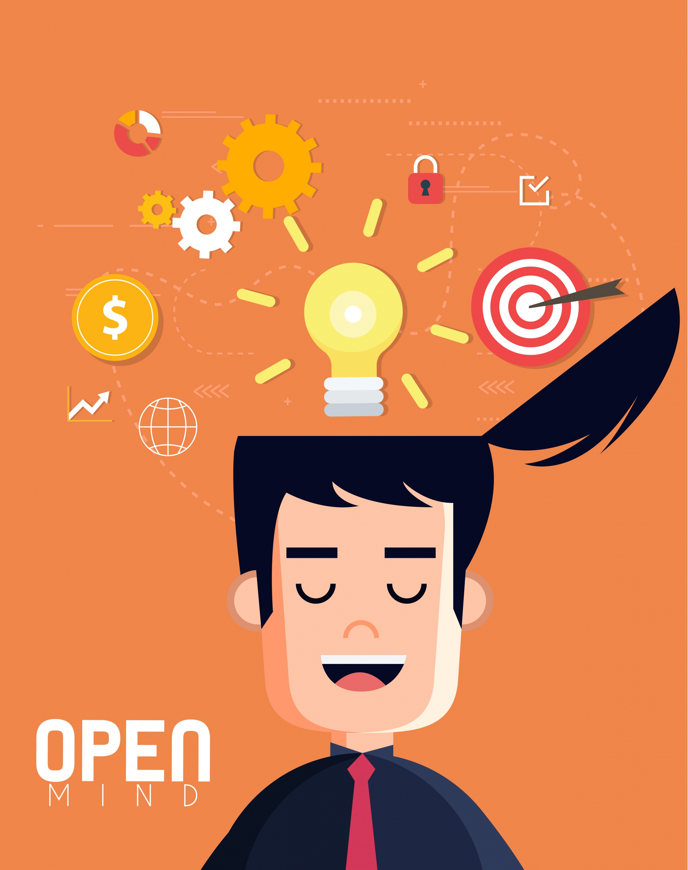 open minded concept drawing man head lightbulb icons