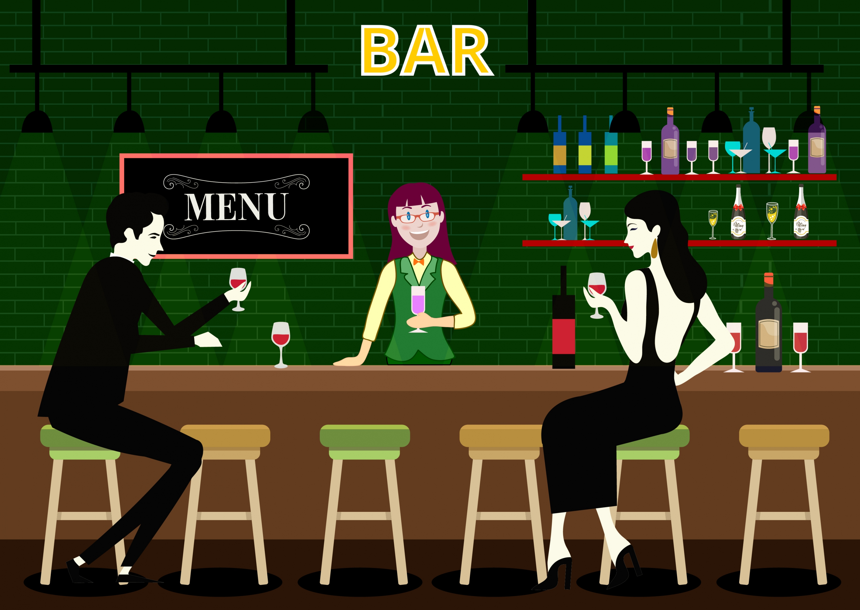 night bar drawing guest bartender icons colored cartoon