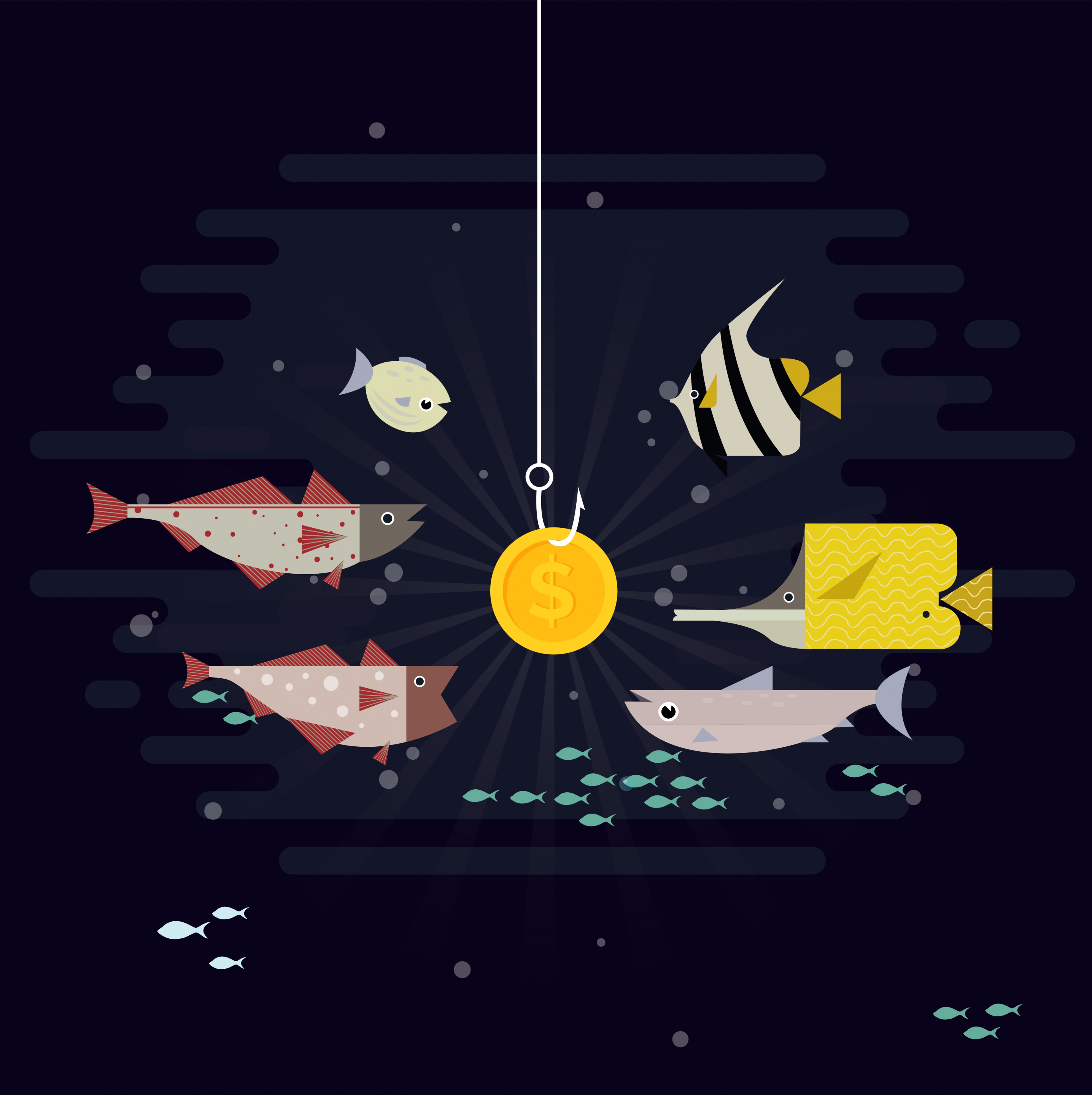 business concept background fish coin icons cartoon design