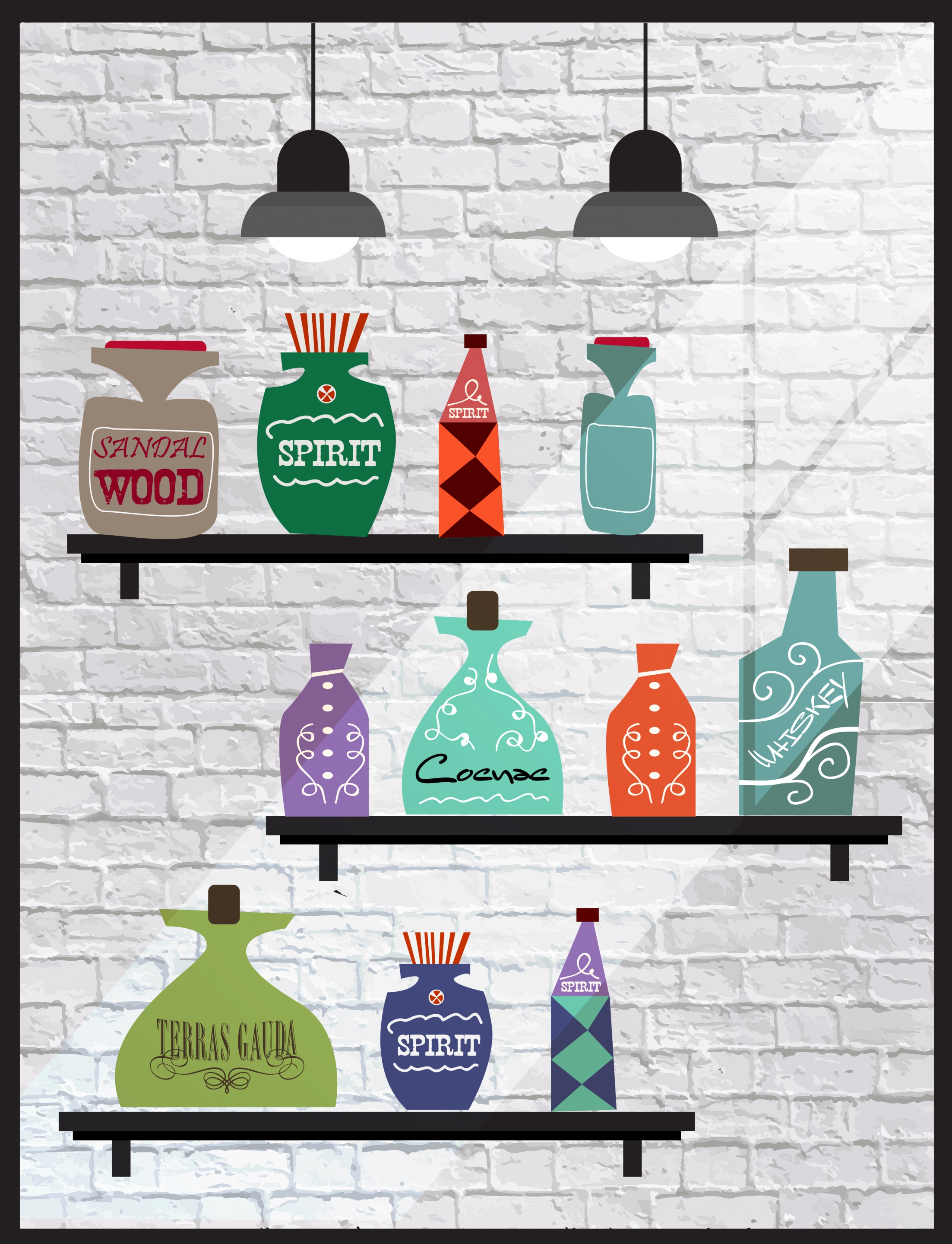 shelf decor drawing bottle icons flat retro design