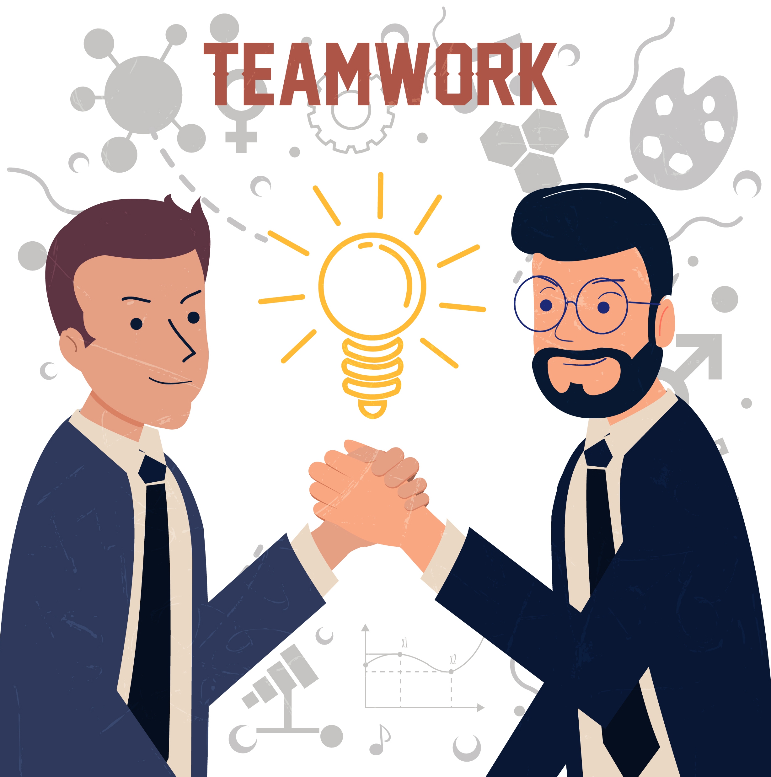 teamwork banner men shaking hands lightbulb icons