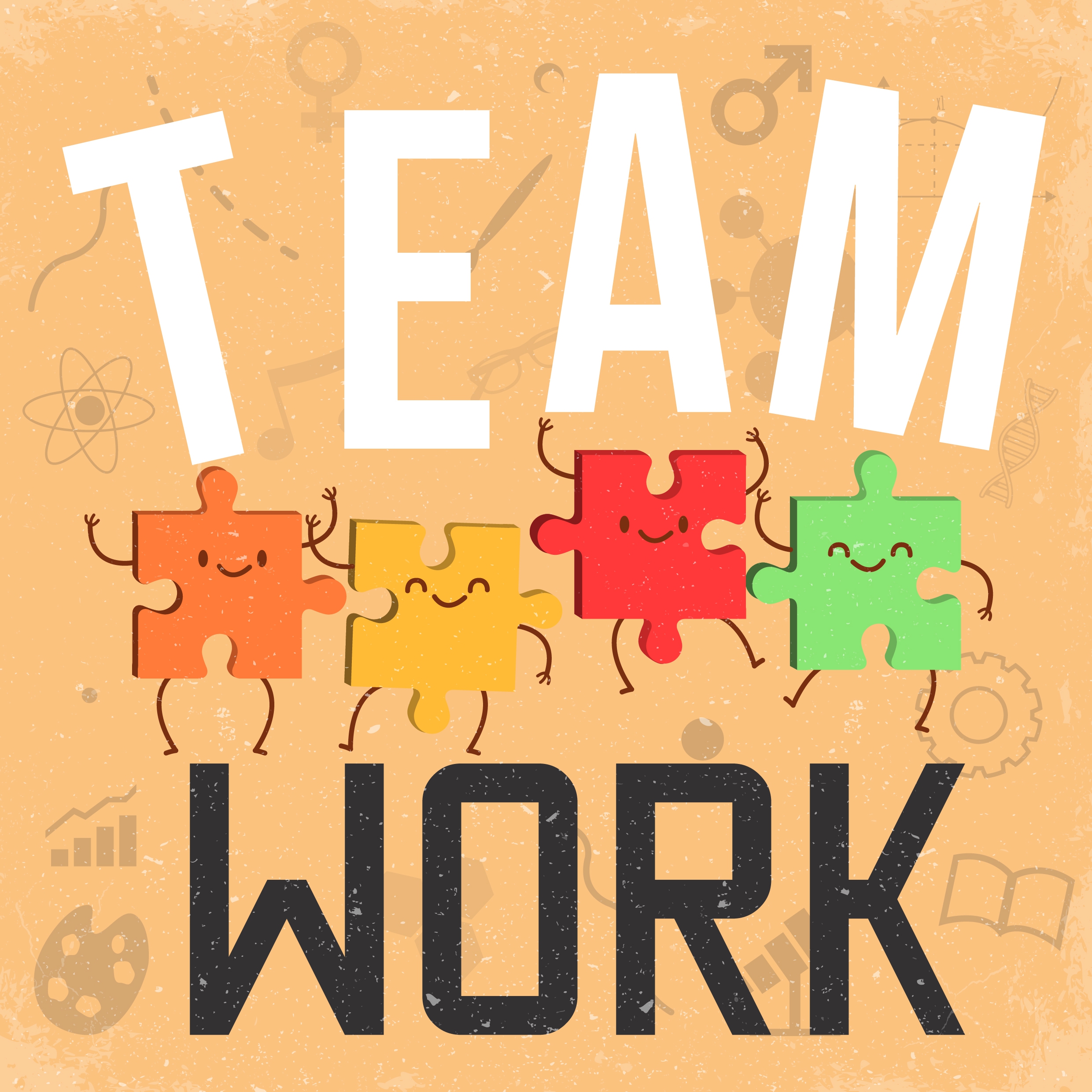 teamwork poster stylized puzzles icons texts decor