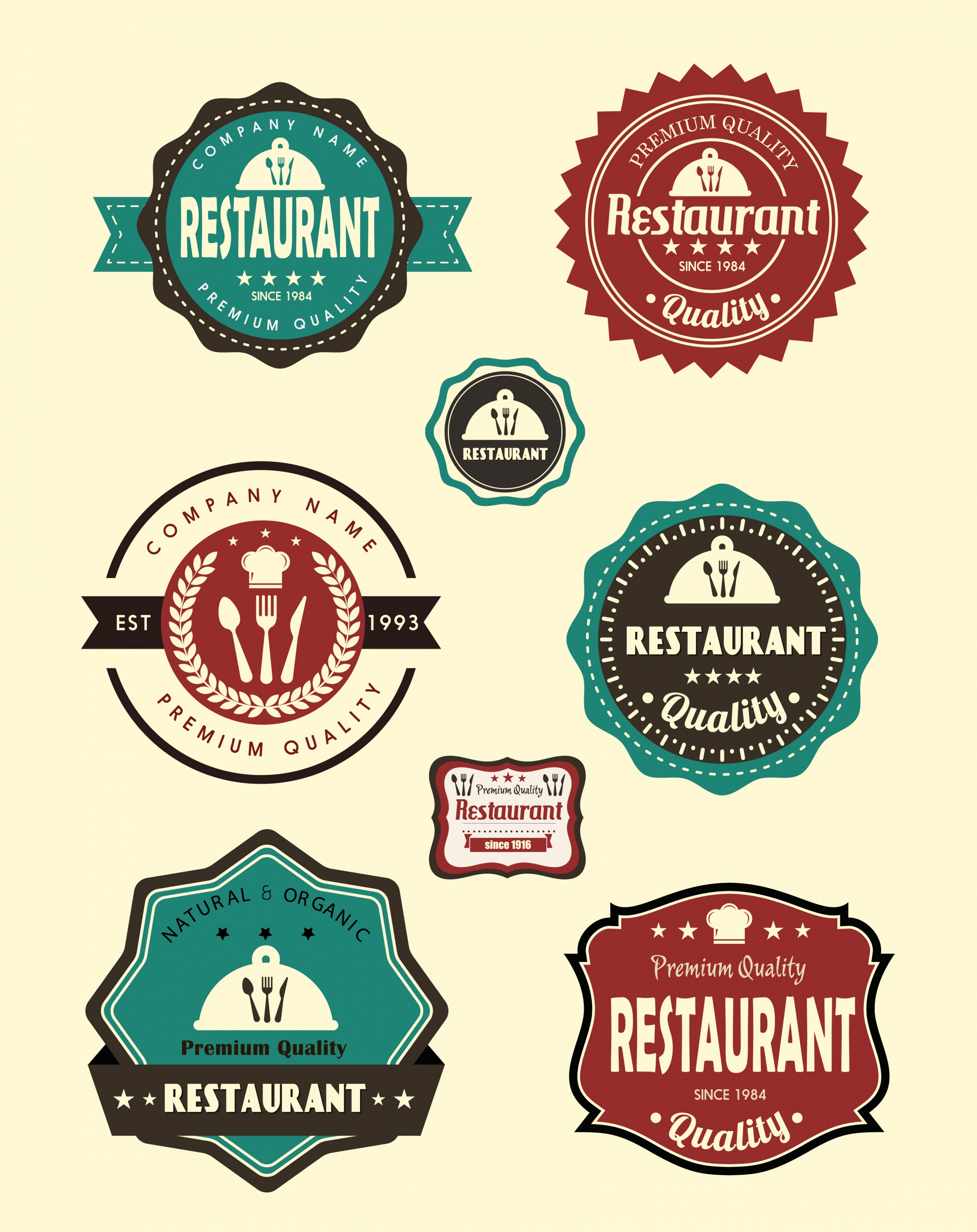 restaurant labels collection colored flat shapes classical design