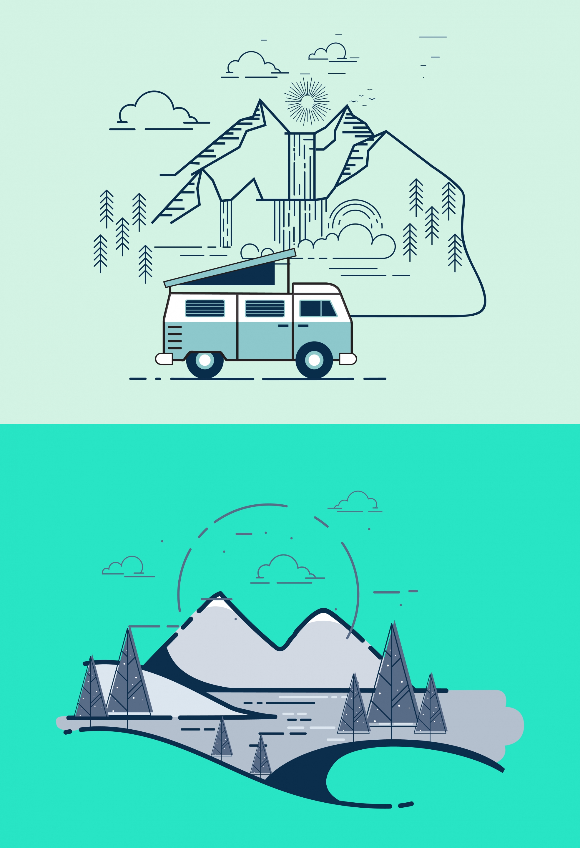 travel banner car mountain icon outline