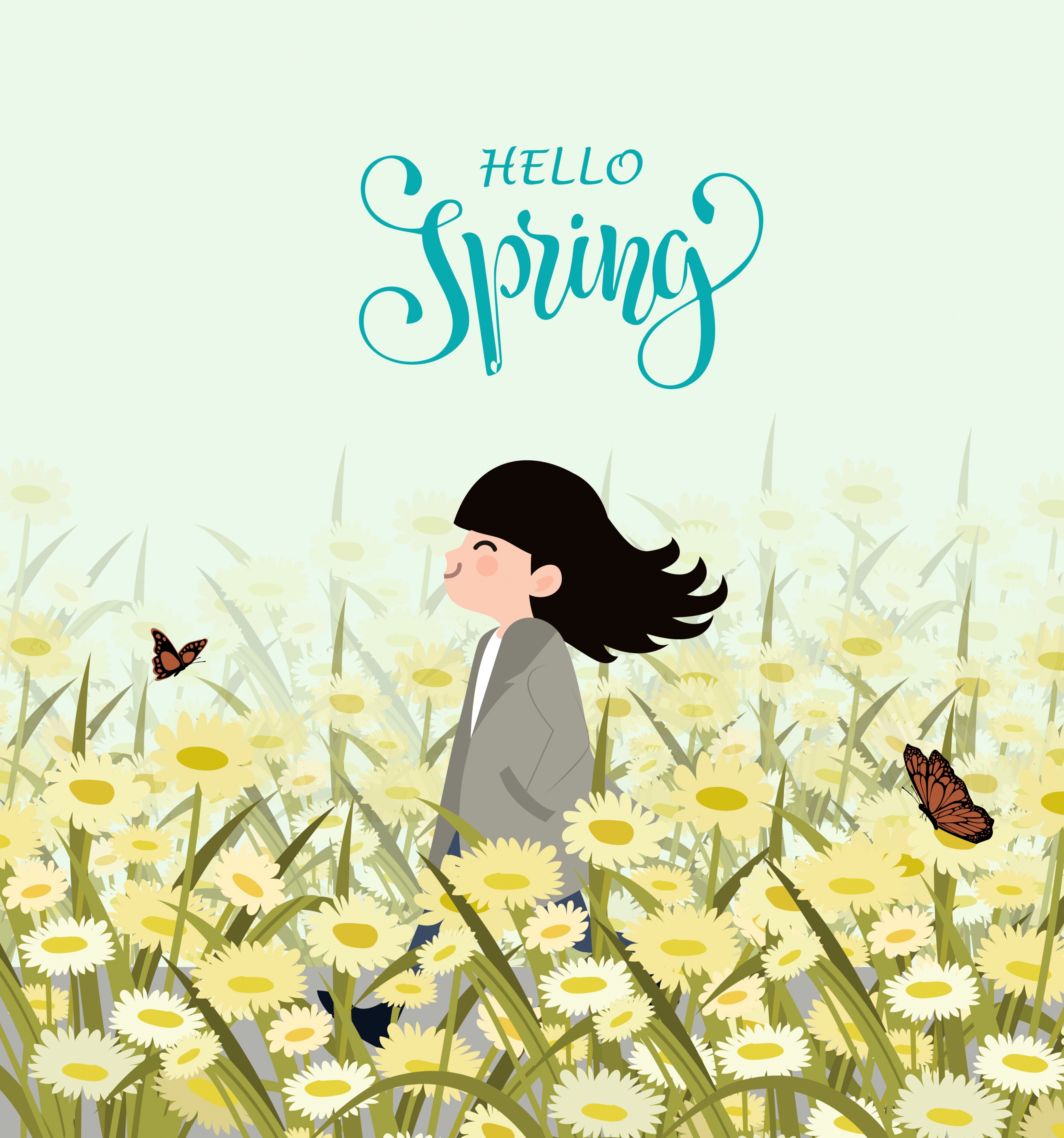 spring drawing girl flower field icons colored cartoon