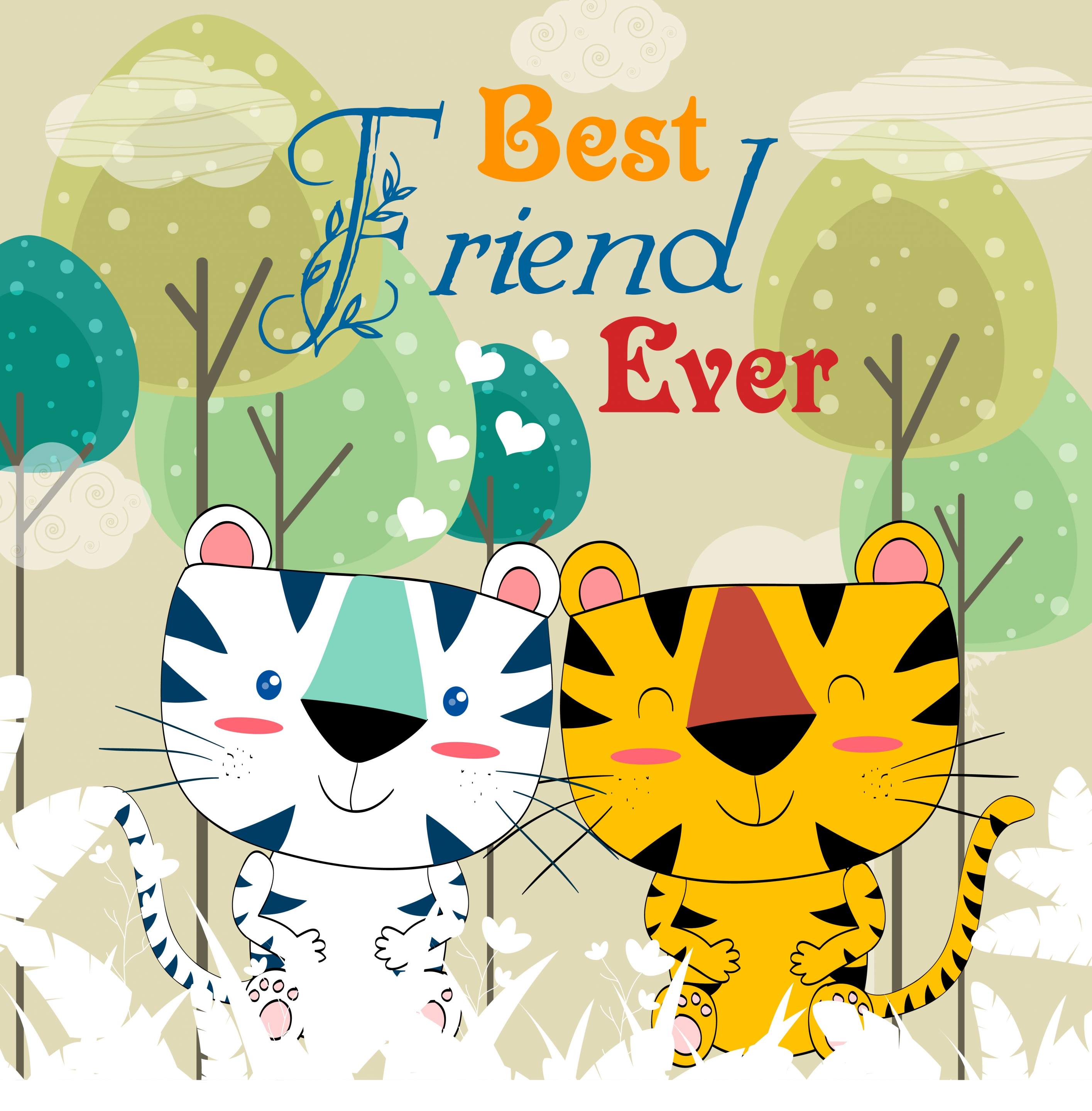 friendship drawing tigers icon colored handdrawn design