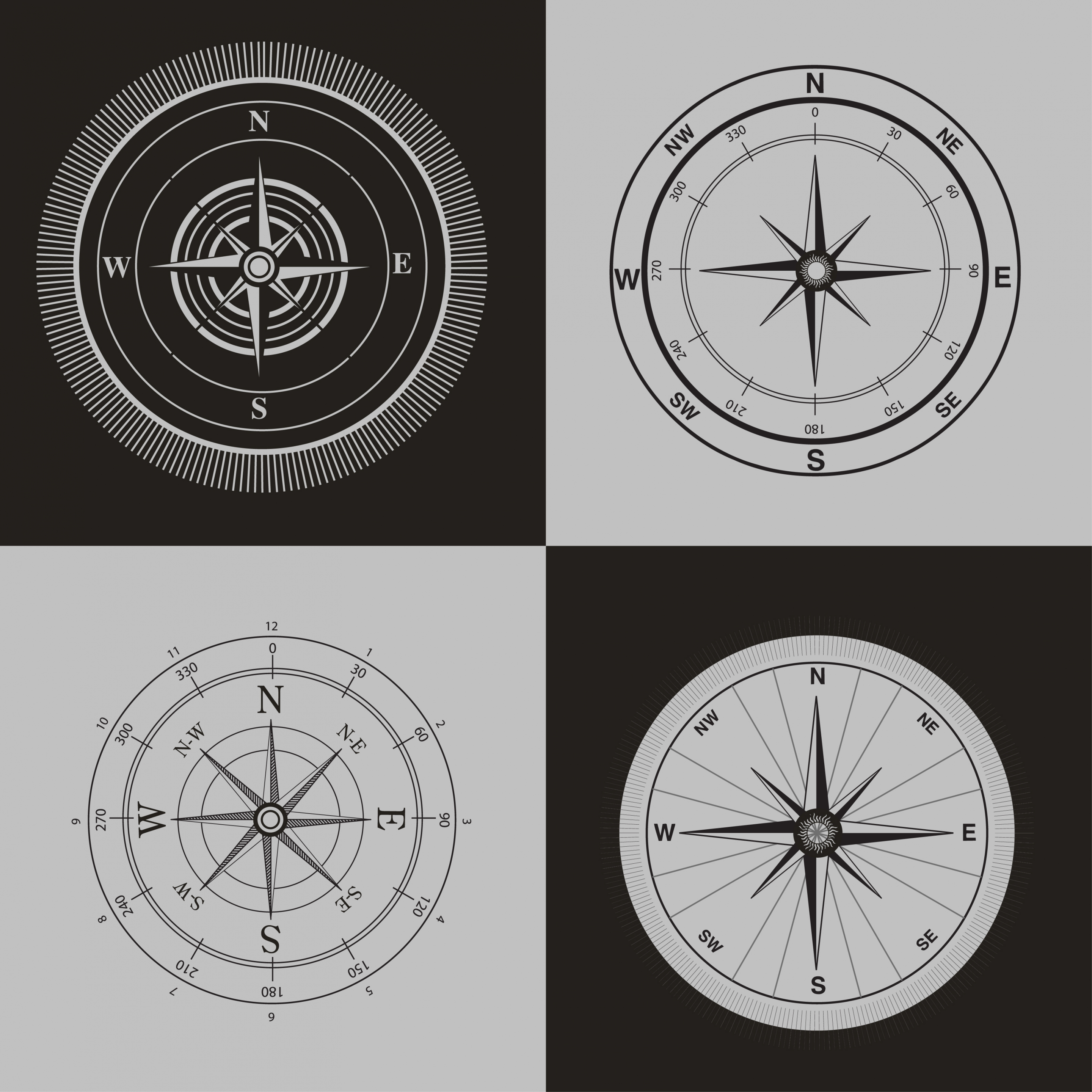 compass icons sets black white retro design