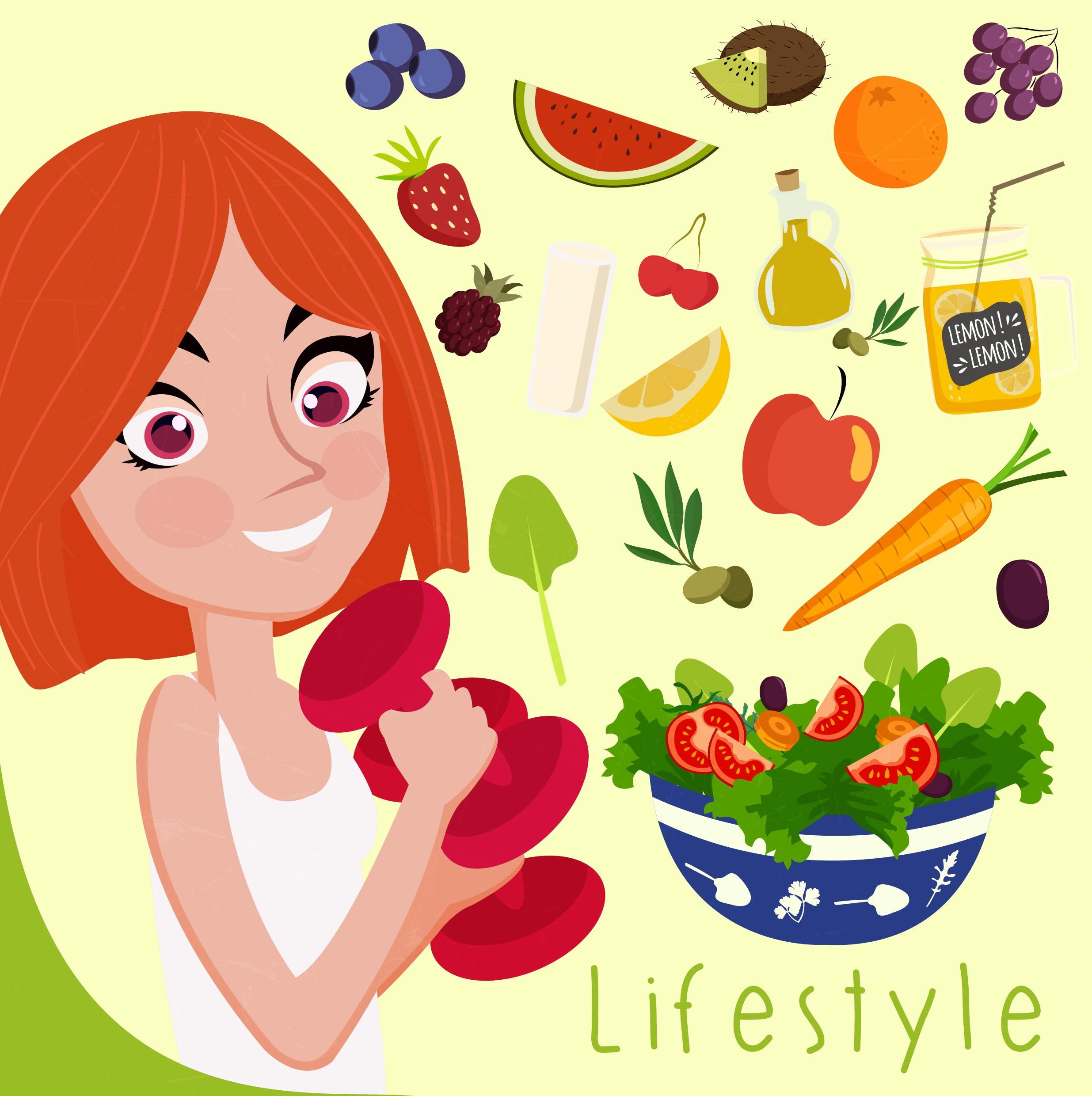 healthy lifestyle banner girl fruits icons decoration