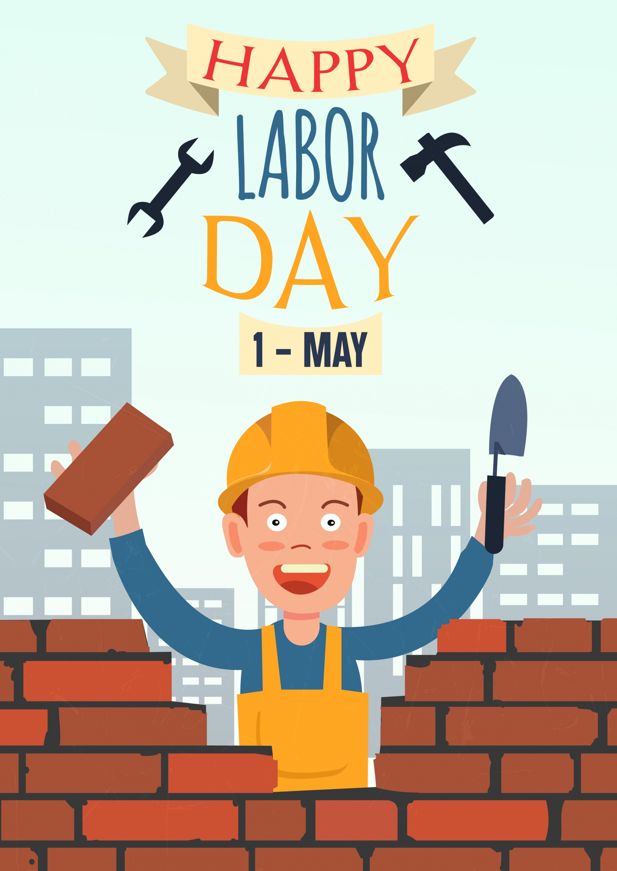 labor day banner worker brick wall colored cartoon