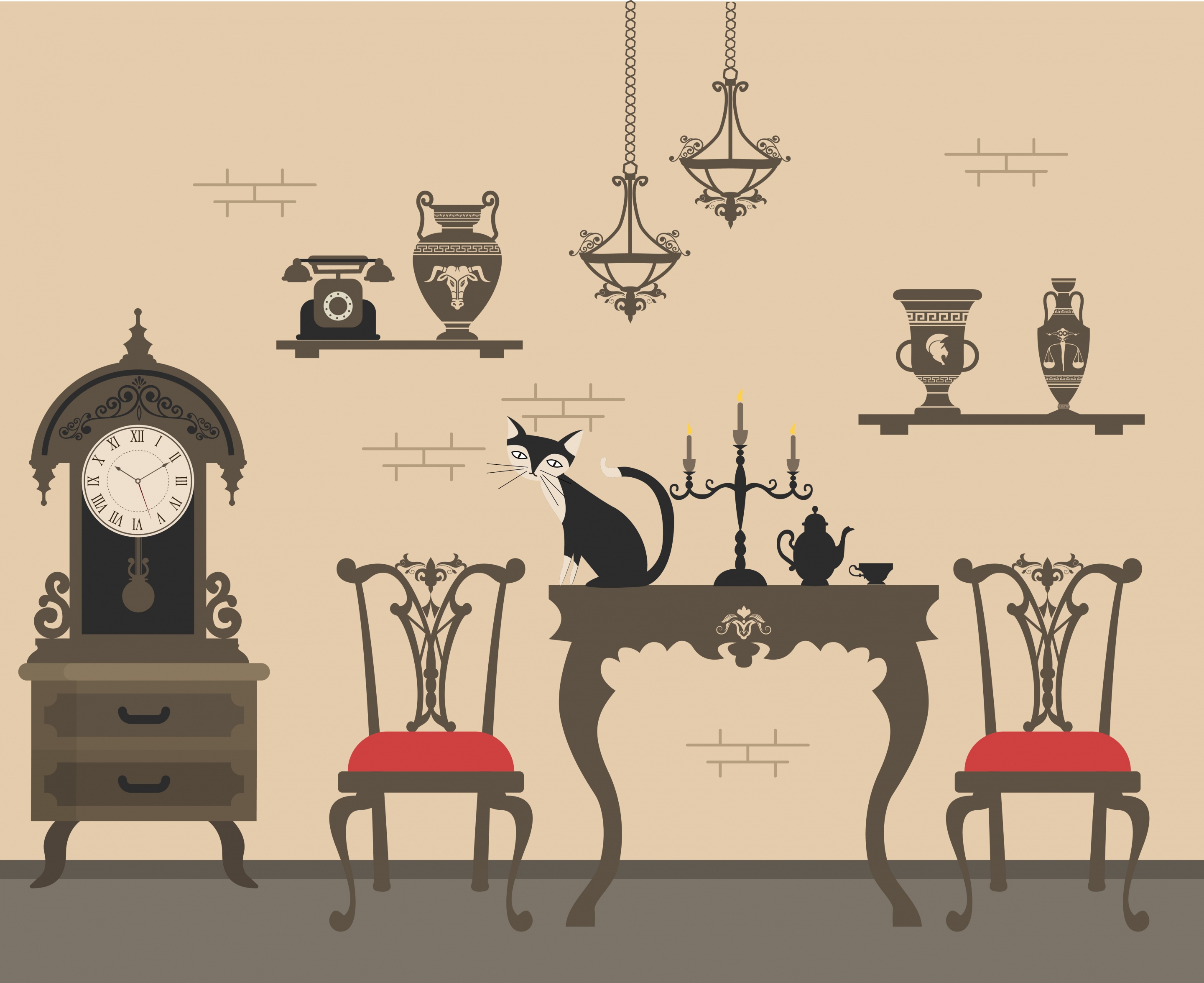 ancient furniture display drawing dark grey decor