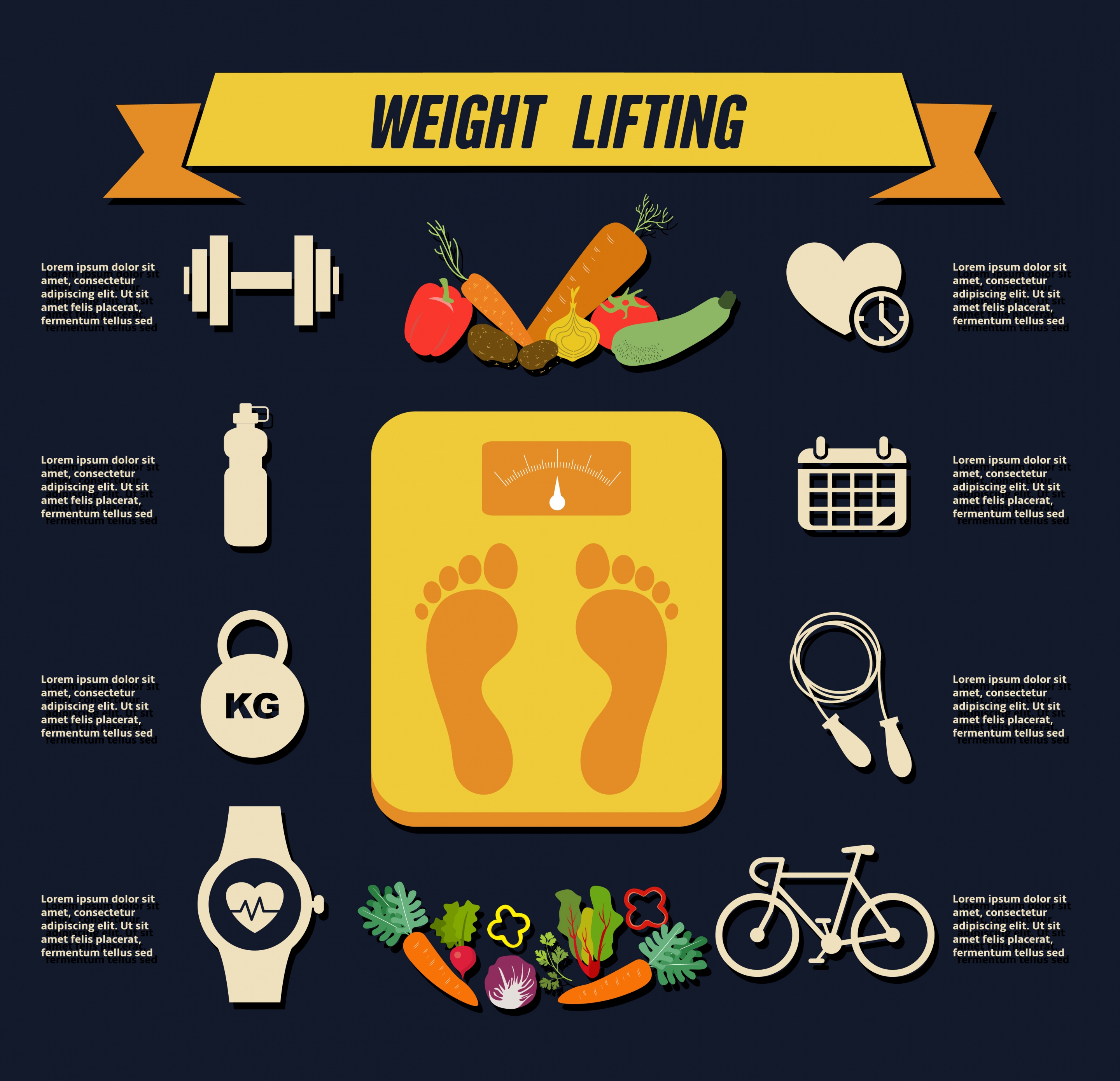 weight lifting infographic food balance icons dark design