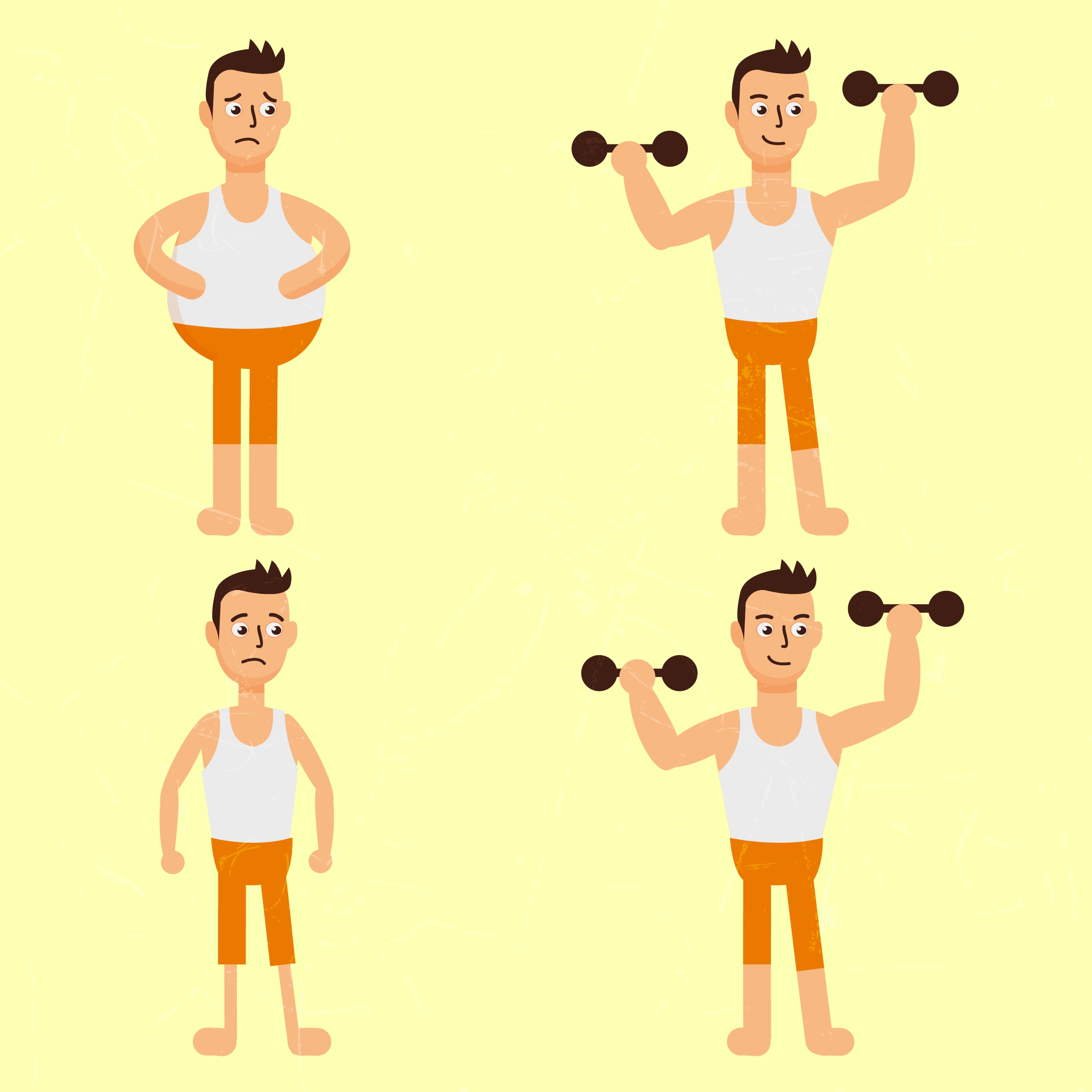 fitness man icons fat thin dumbbell cartoon design