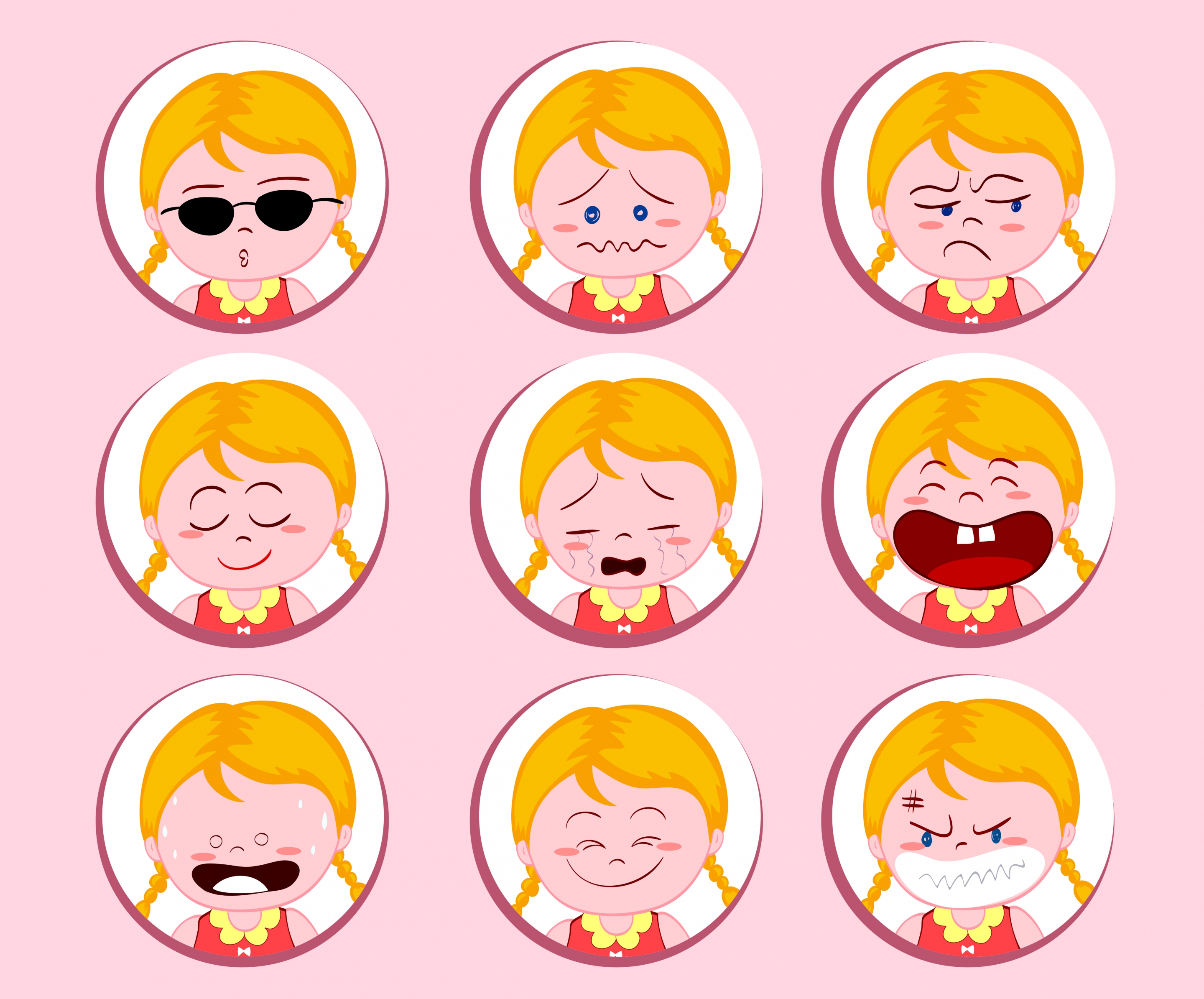 girl emotional icons collection cute colored cartoon design