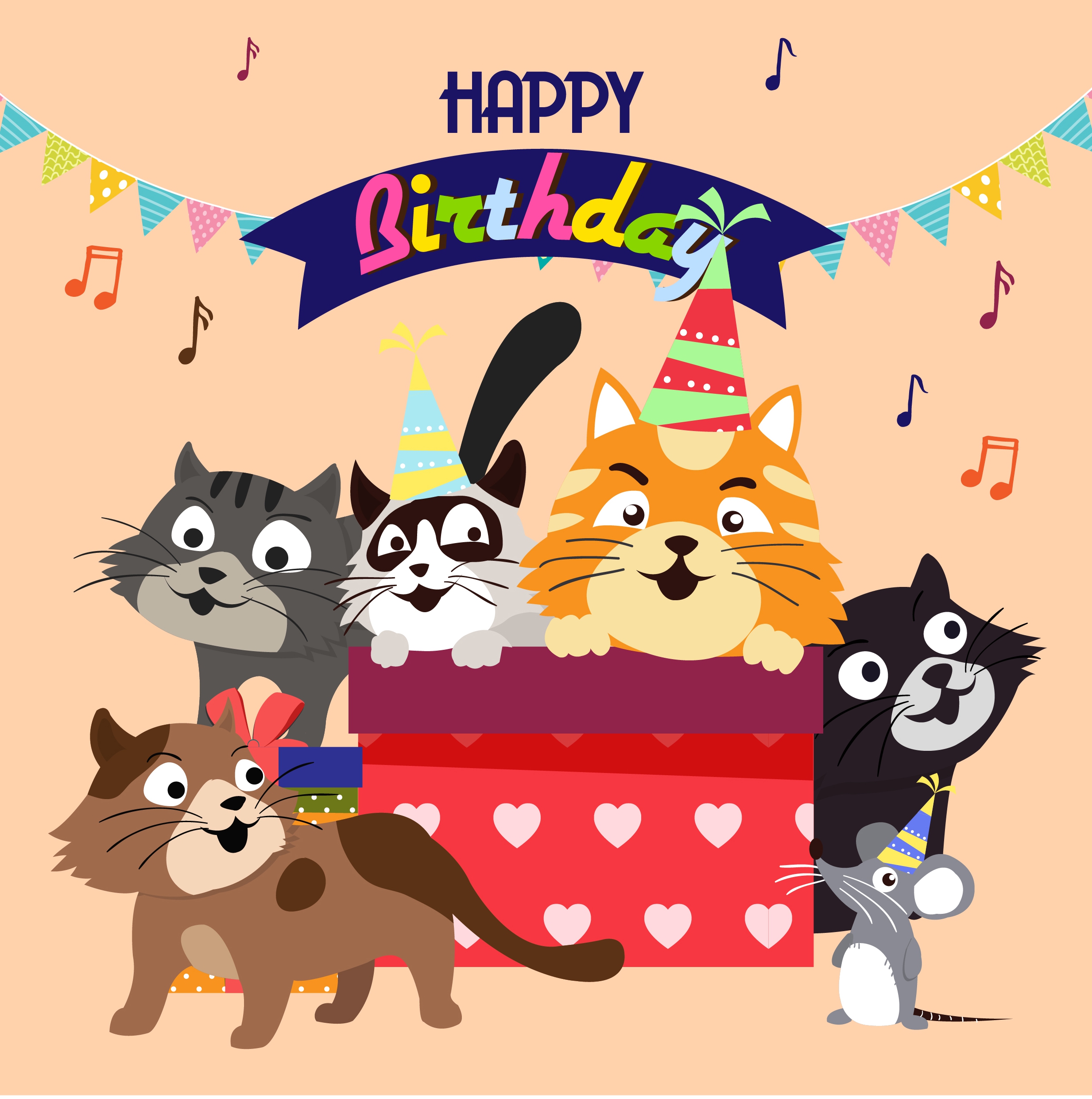 birthday banner cute cats icons multicolored cartoon