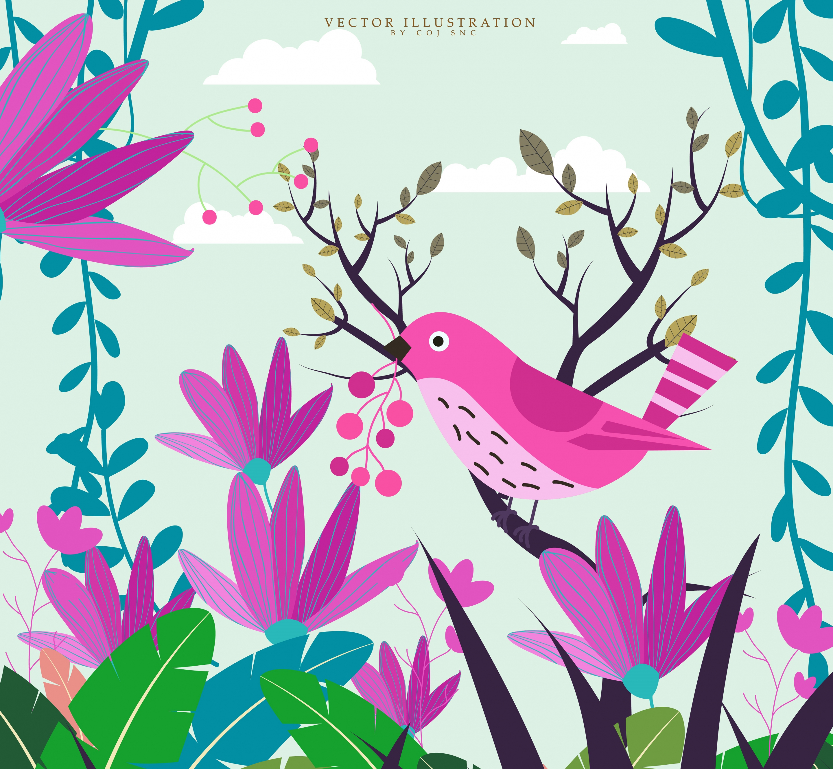 nature background pink bird colorful plants decoration