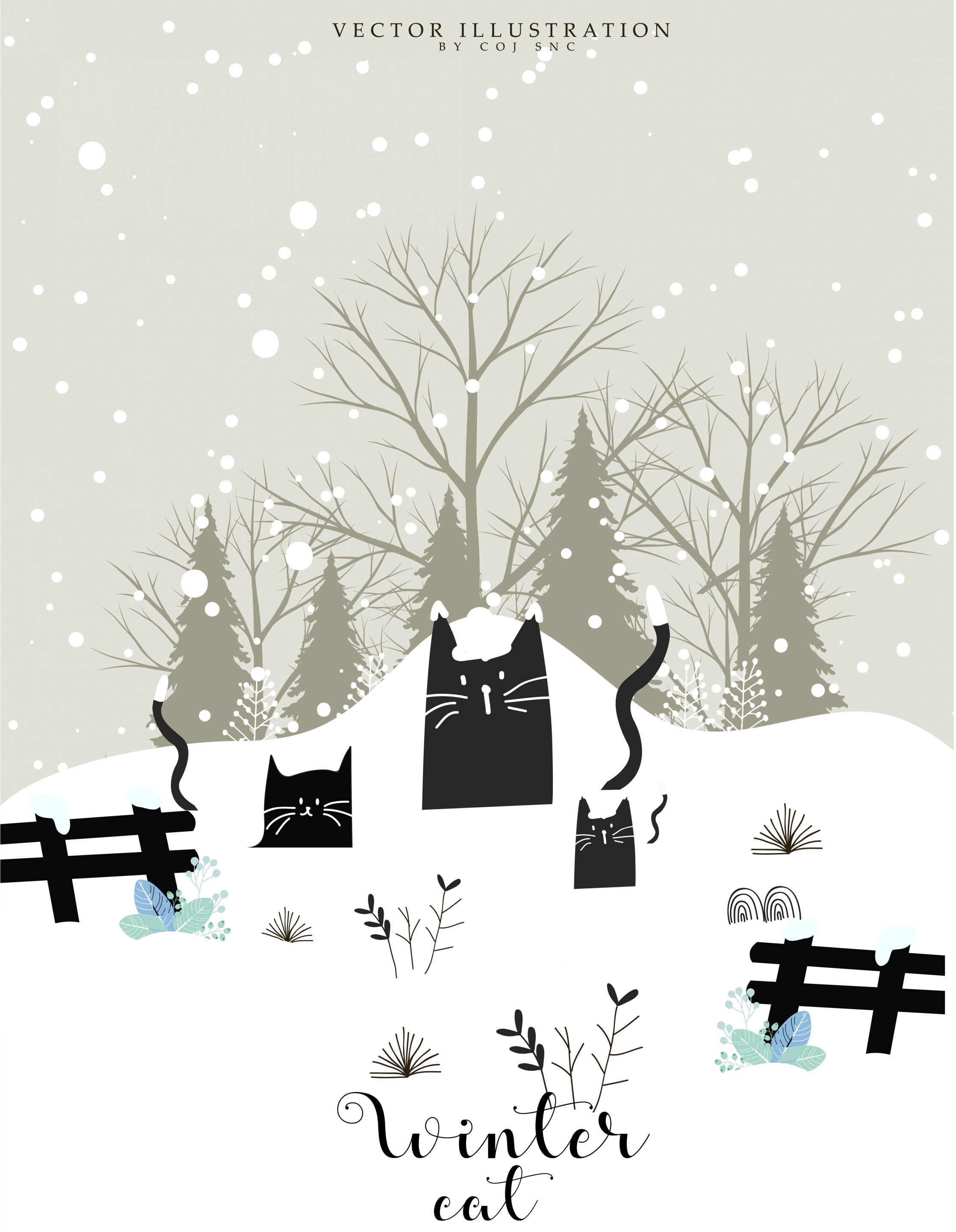 winter card template black cat snow icons