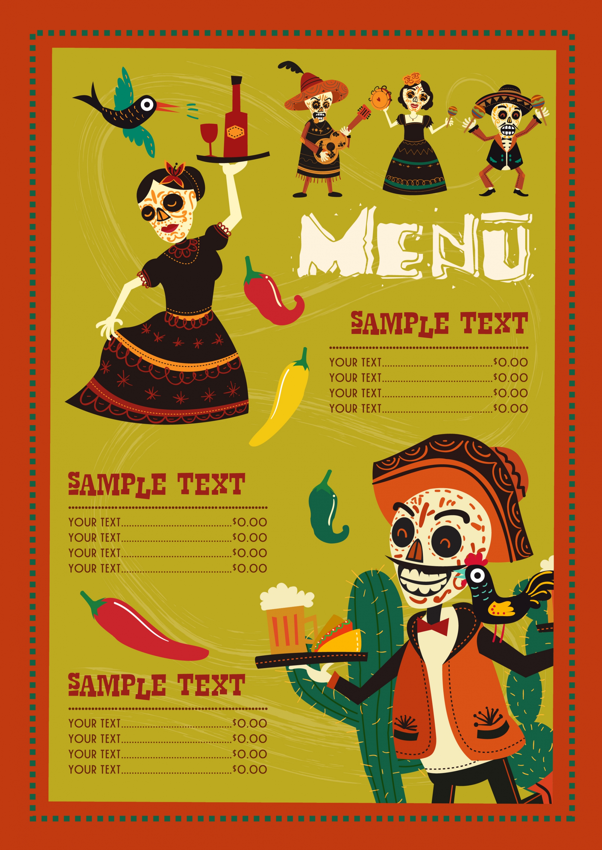 mexico menu template traditional costume scary masks decor