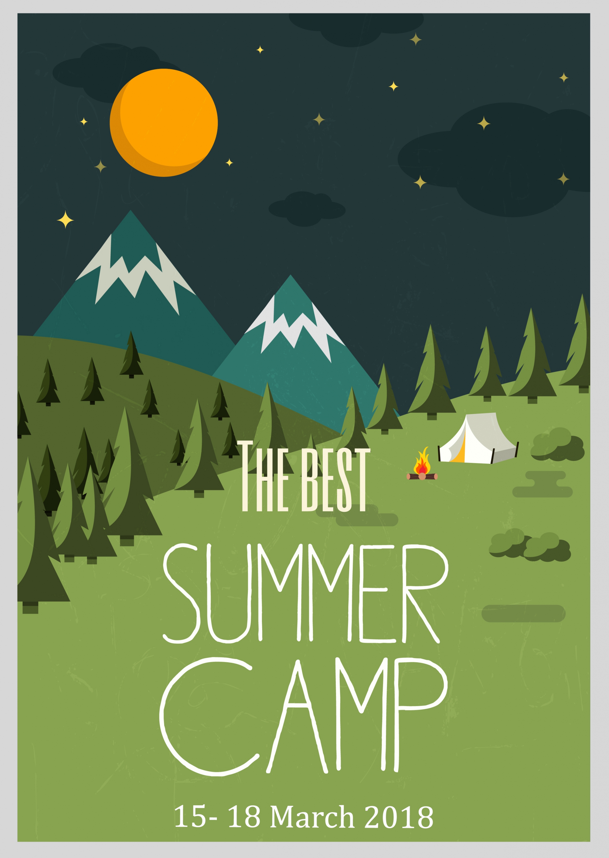 camping poster mountain landscape tent moon icons decor