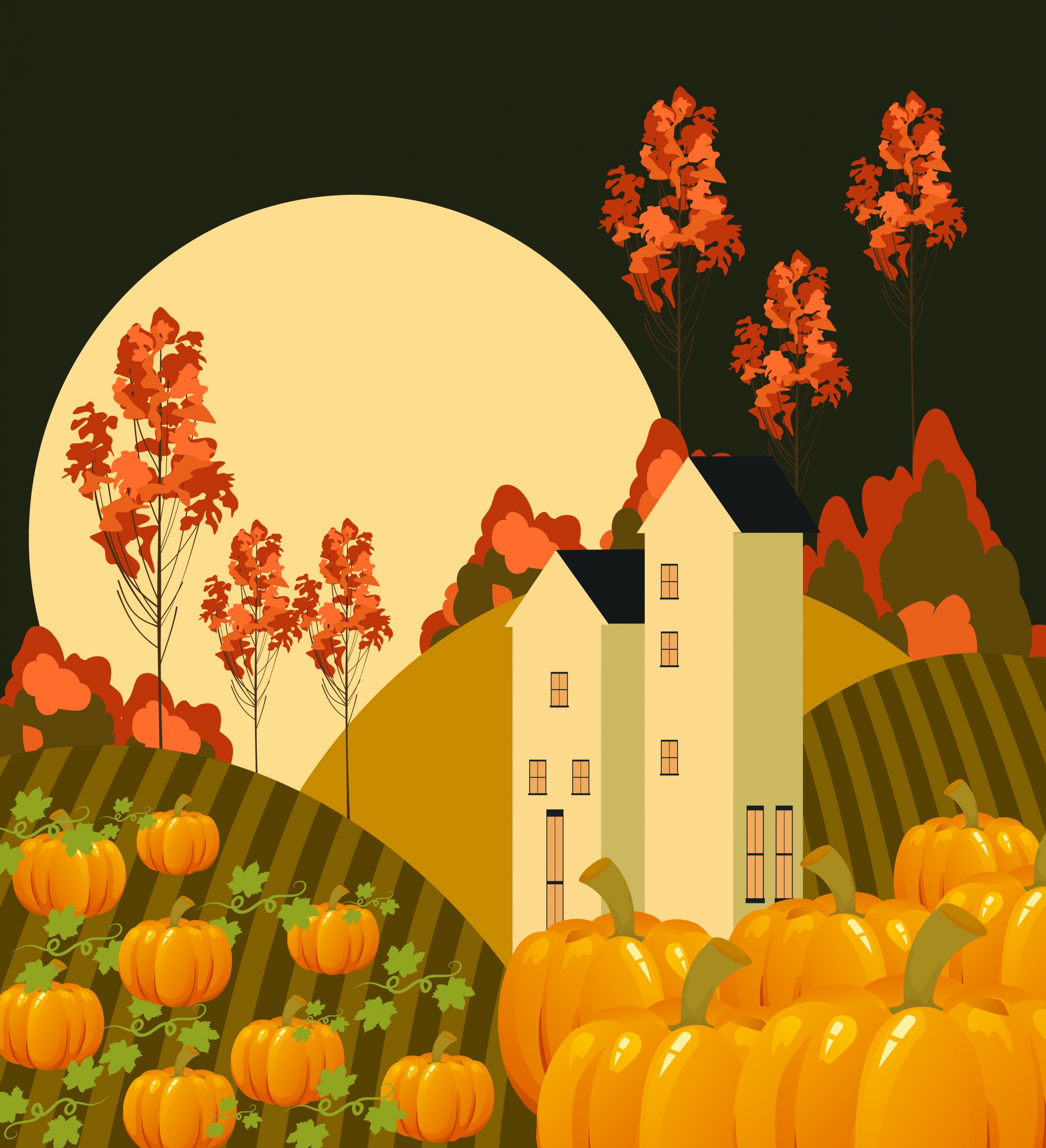 moonlight landscape drawing pumpkin house tree icons decoration