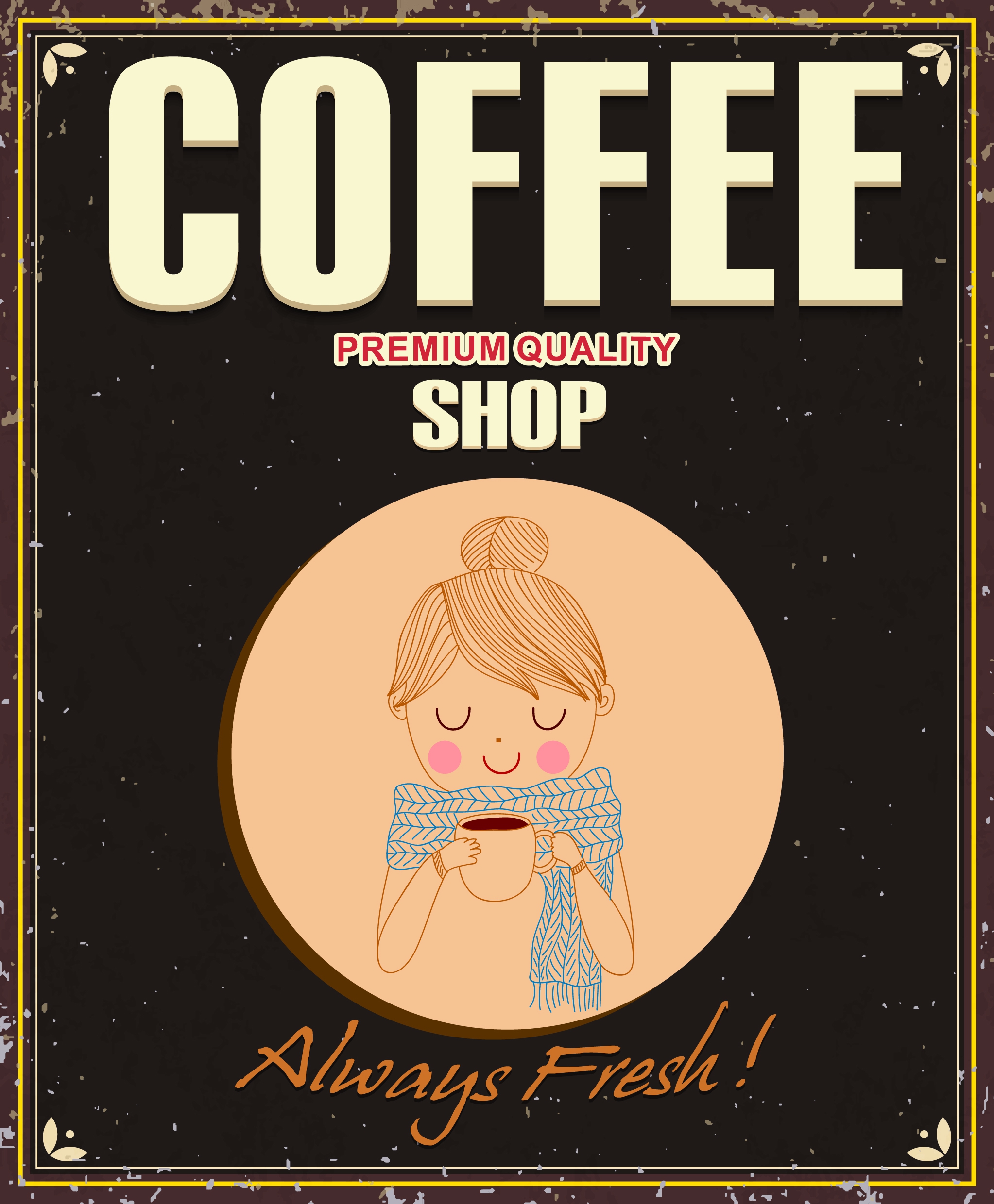 coffee shop poster female icon retro handdrawn cartoon