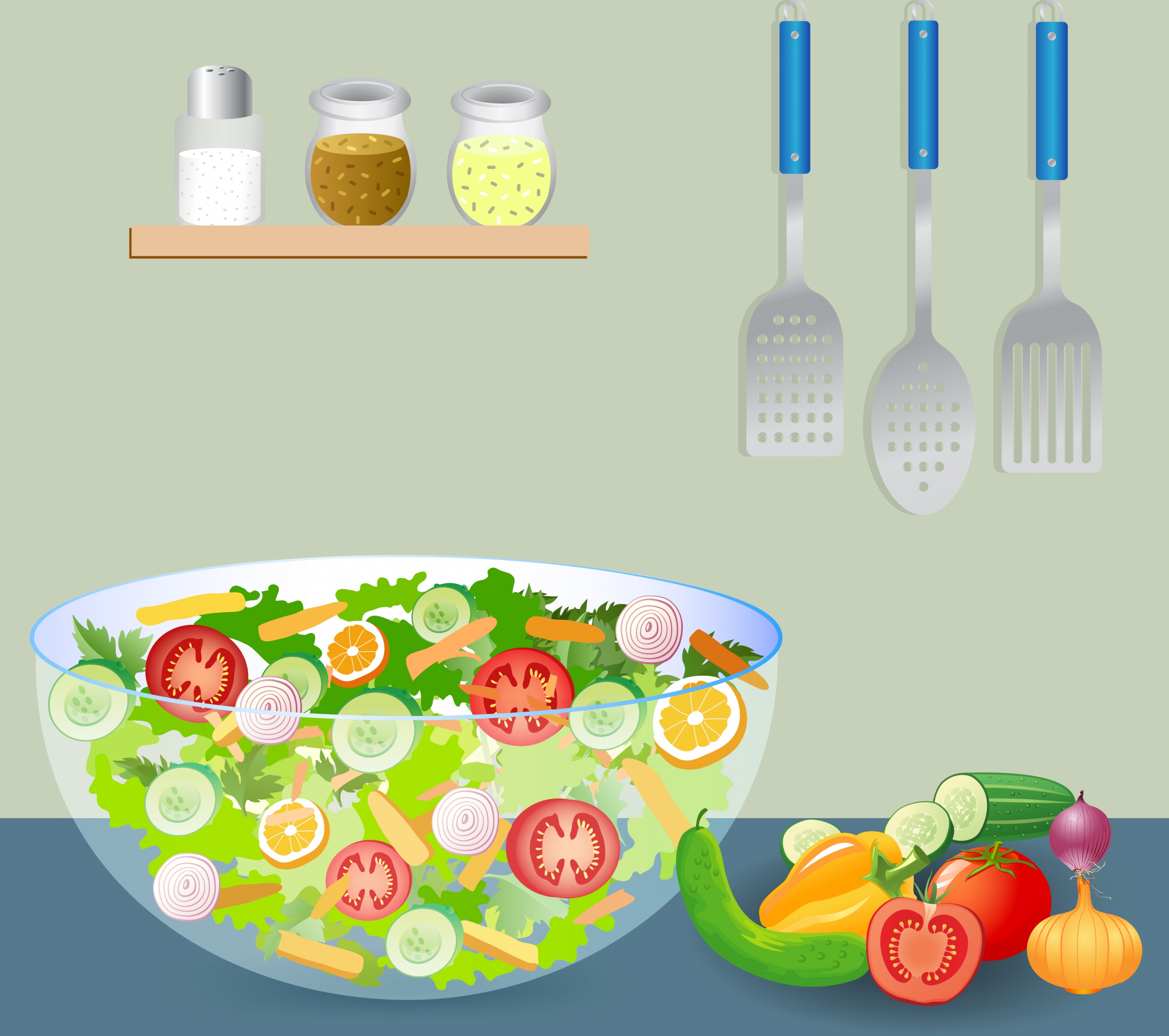 salad cuisine drawing vegetables kitchenware icons multicolored design