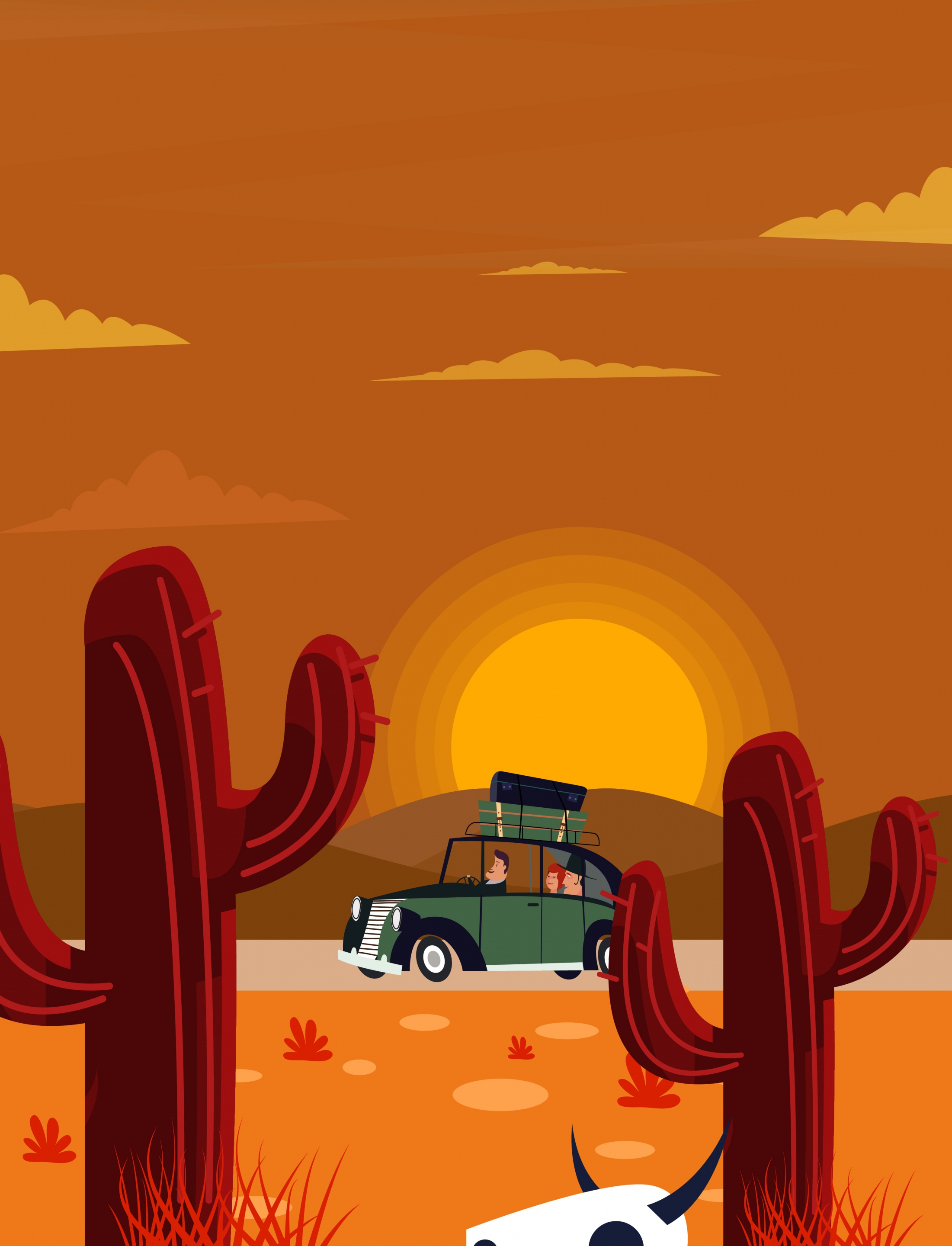 travel background car cactus sun icons colored cartoon