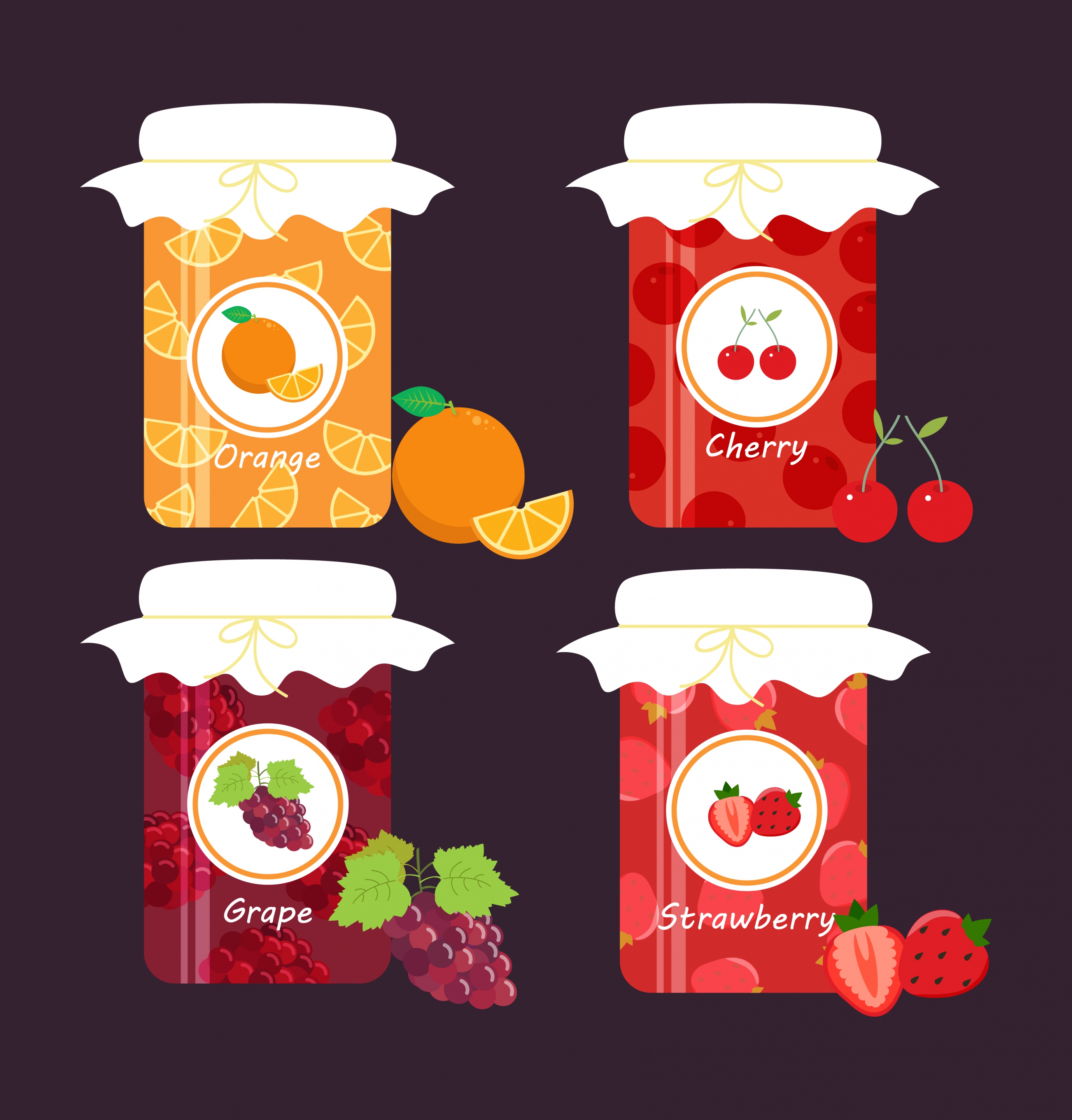 jam jars icons design various fruits icon