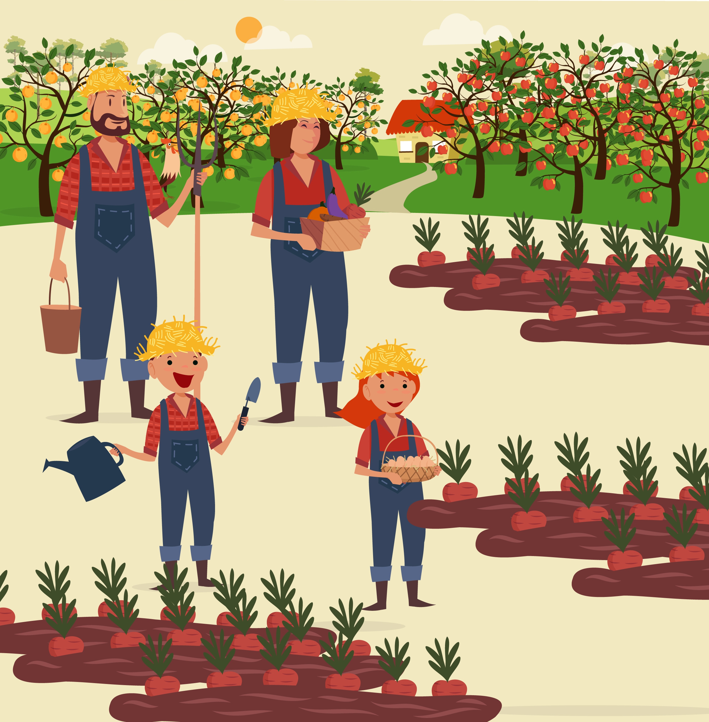 farming work theme family tree vegetables icons decor