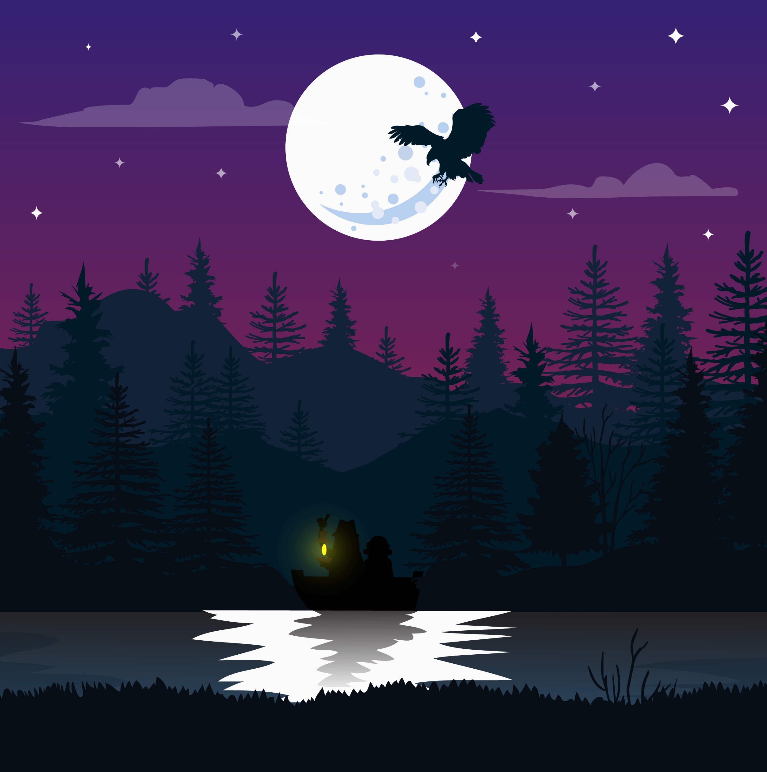 night natural scene drawing moonlight lake bird icons